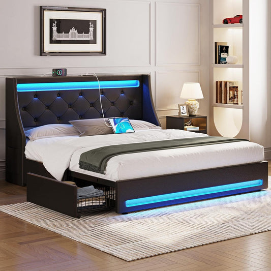 Rolanstar Full Bed Frame with LED Lights and Charging Station