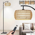 Arc Floor Lamp for Living Room with Remote - Dimmable Rattan Boho Lamp