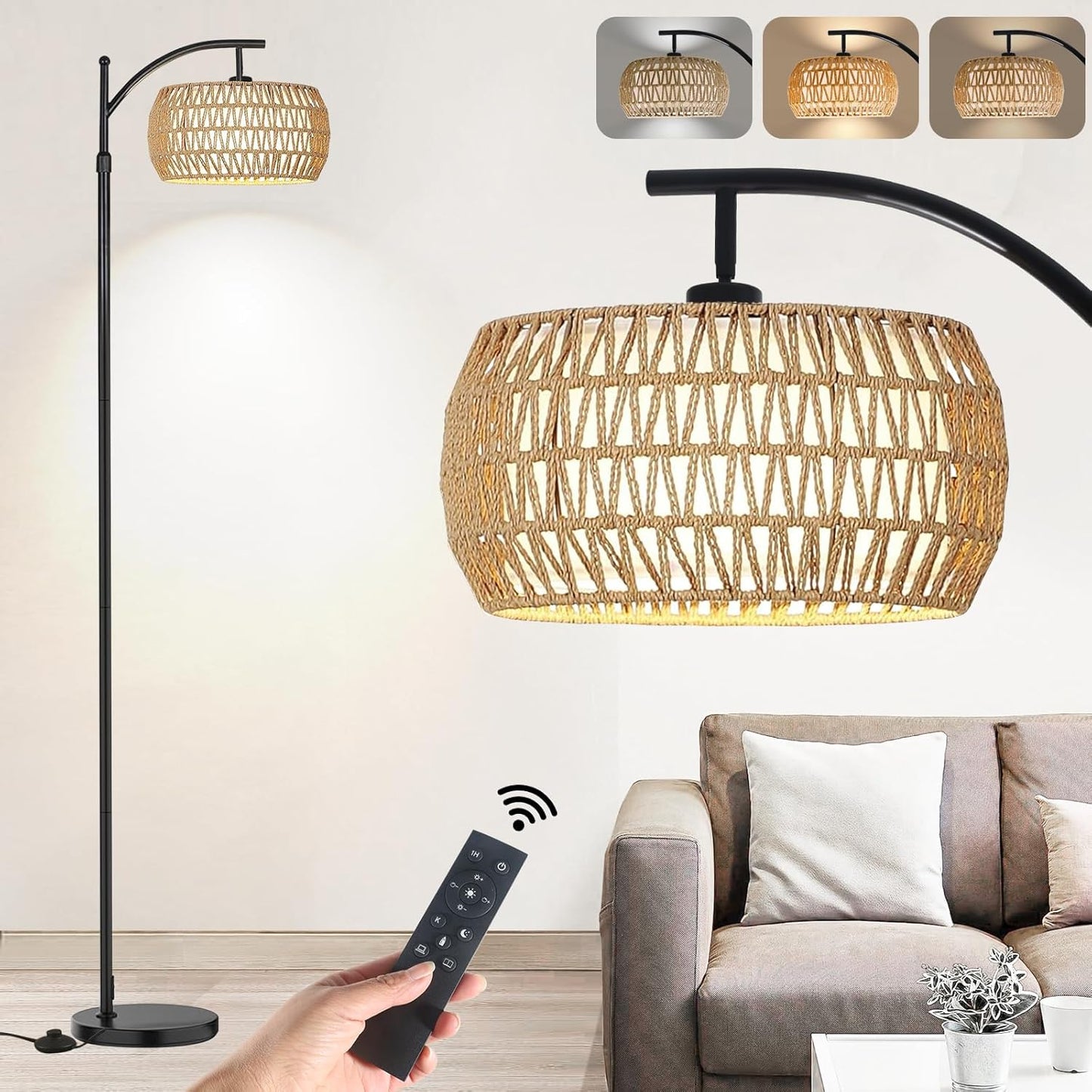 Arc Floor Lamp for Living Room with Remote Control & Dimmable Bulb