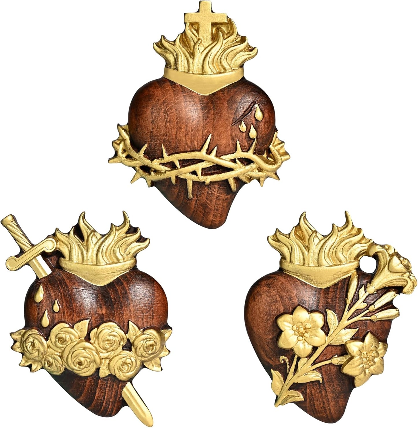 Three Sacred Hearts Wall Decor for Religious Home Art