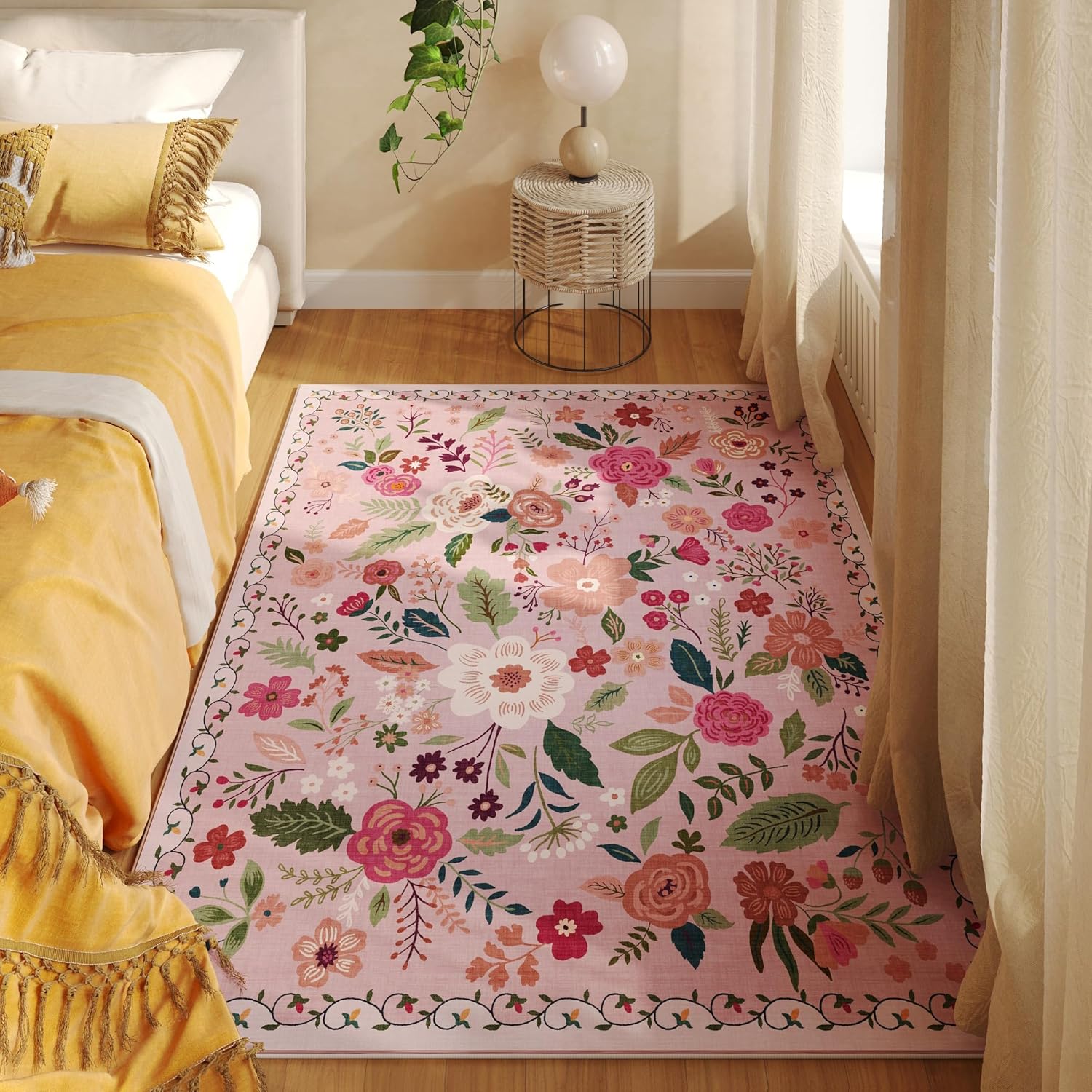 Boho Floral 3x5 Washable Area Rug for Bedroom and More