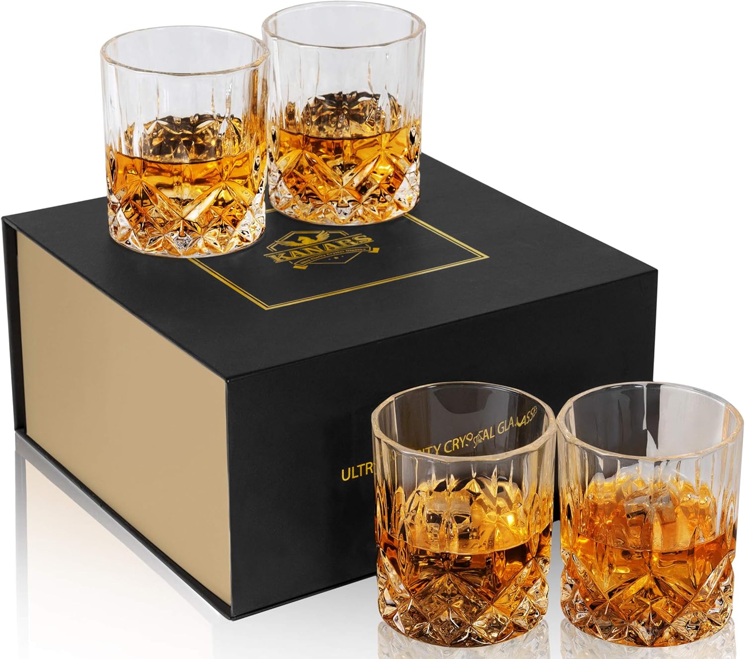 KANARS Luxury Whiskey Glasses Set - 10 oz Rocks Barware - Stylish Men's Gift