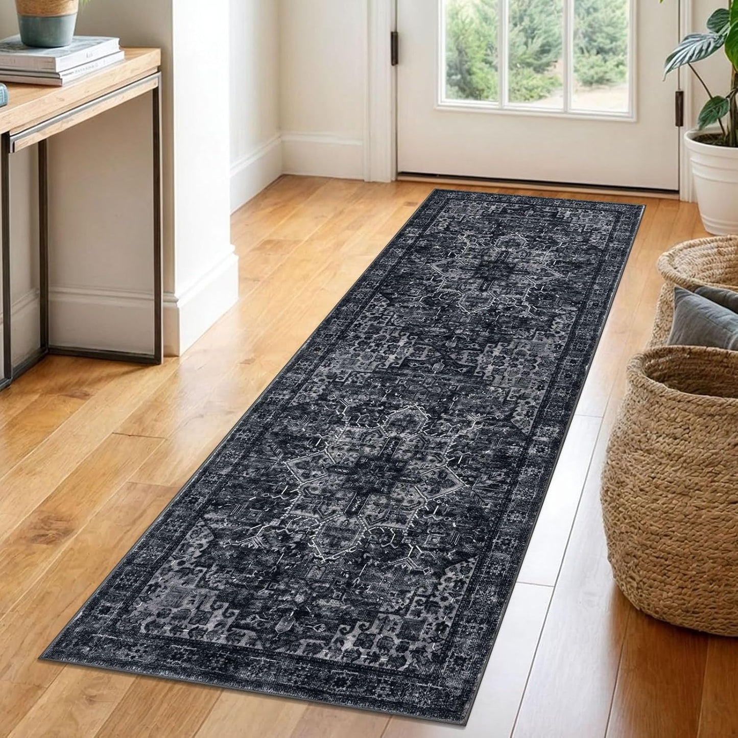 Vintage Boho 2x6 Black White Navy Runner for Hallways