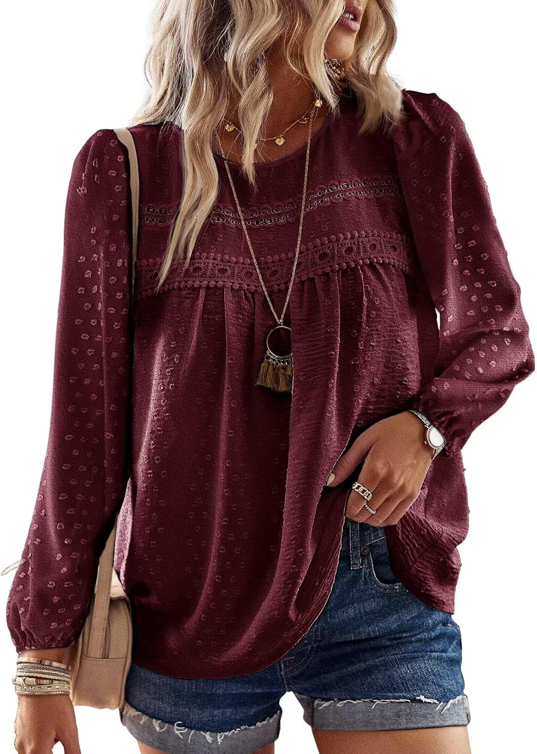 Womens Fall Tops Crewneck Long Sleeve Casual Chiffon Blouses