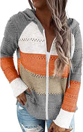 Womens Color Block Zip Hoodie Sweatshirt - Lightweight Knit Jacket