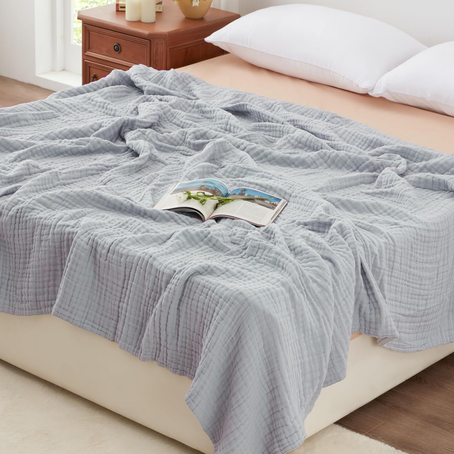 100% Cotton Muslin Blanket for Couch and Bed - Light Grey