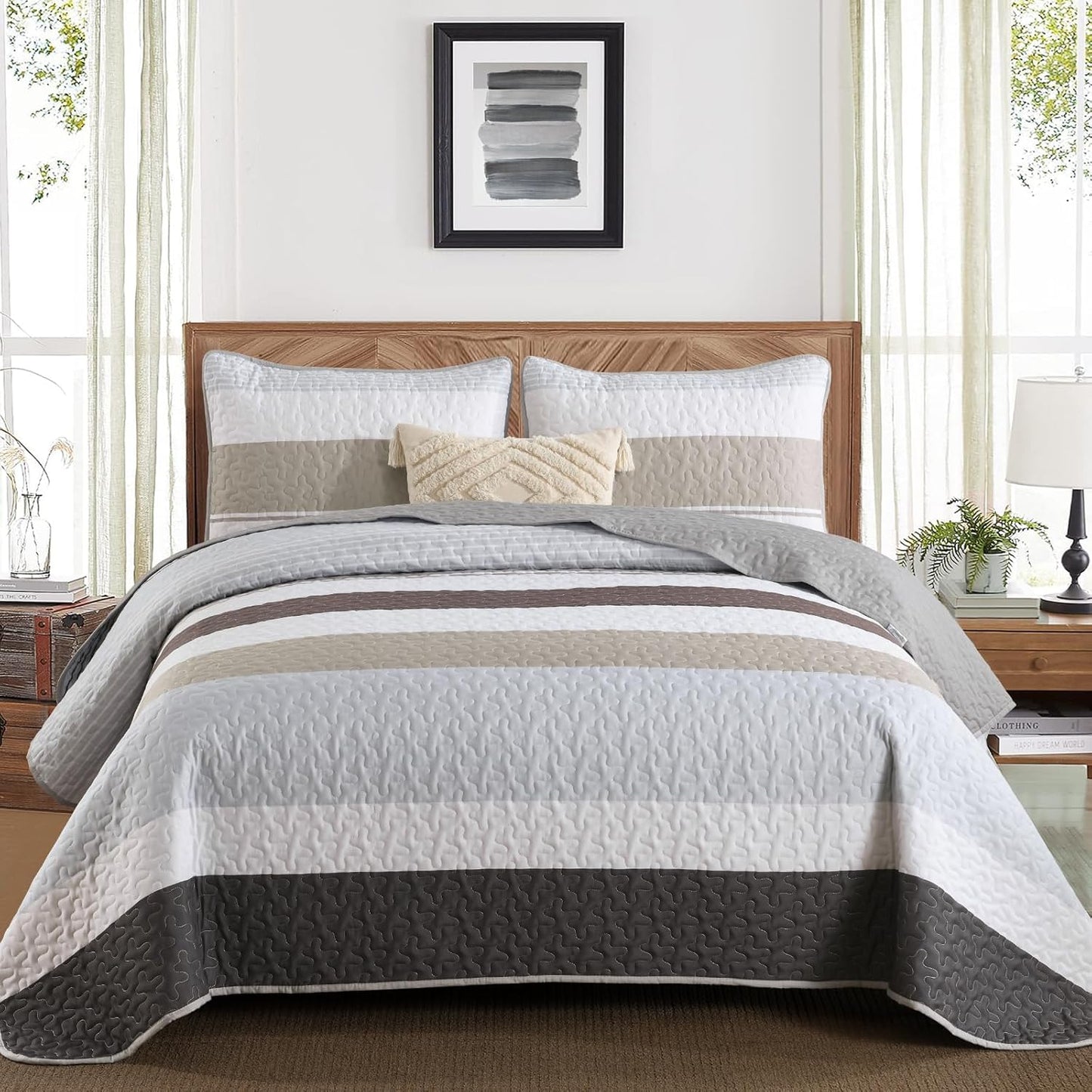 Grey King Size Quilt Set for Boho Grown Bedspread Comfort