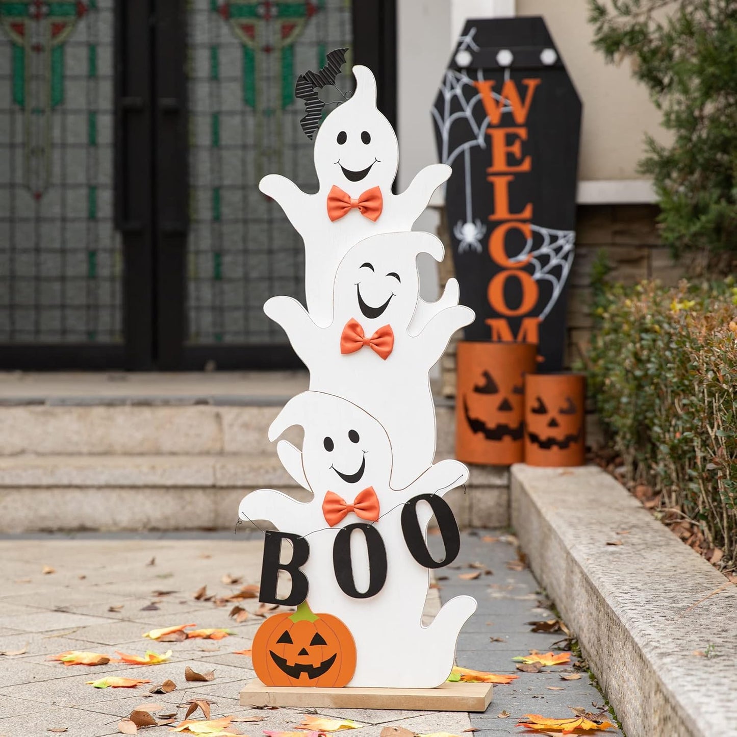 Halloween Wooden Stacked Ghost Porch Sign for Festive Decor