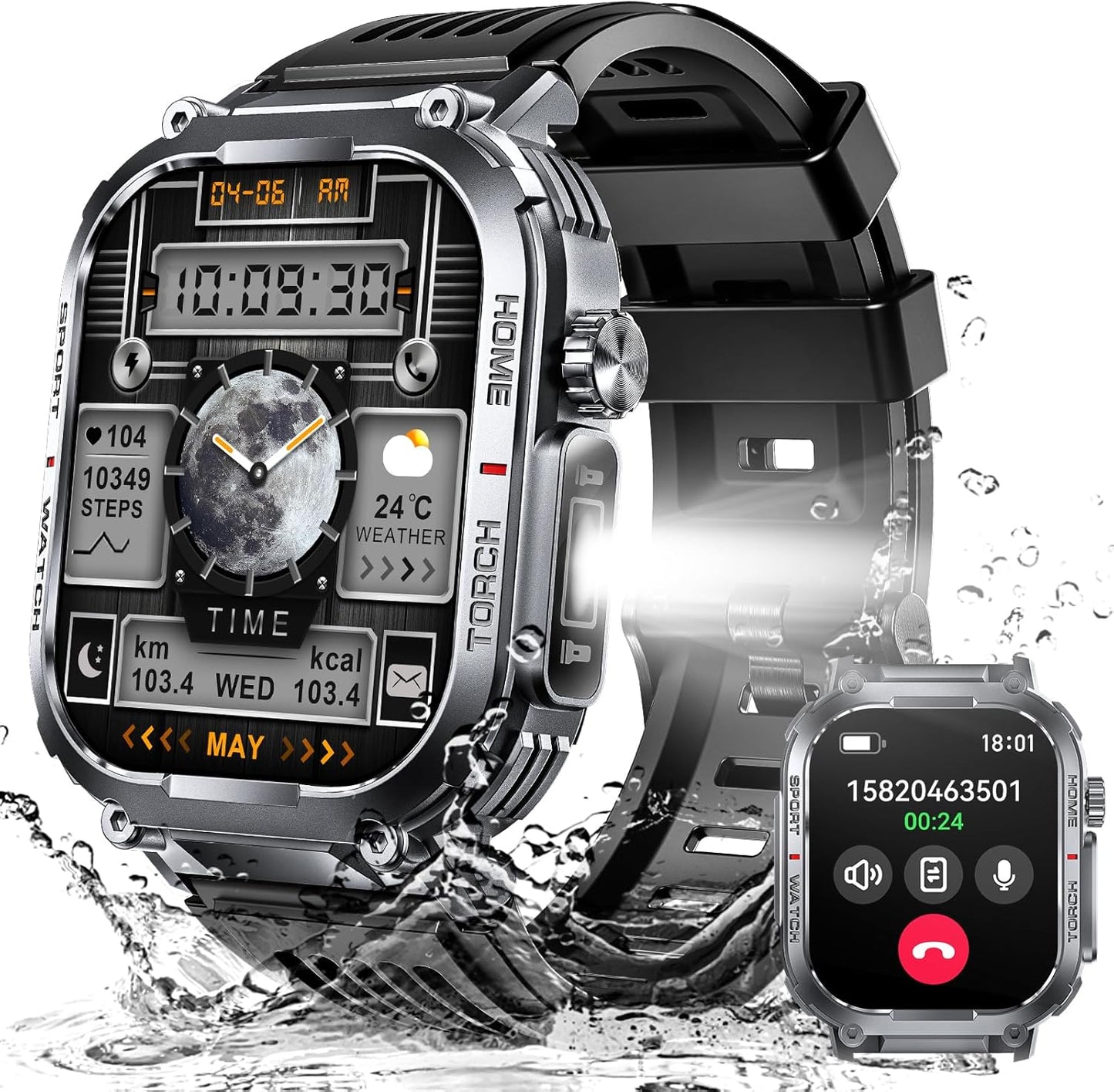Rugged Tactical Smartwatch: 3ATM Waterproof, Fitness Tracker, Compass