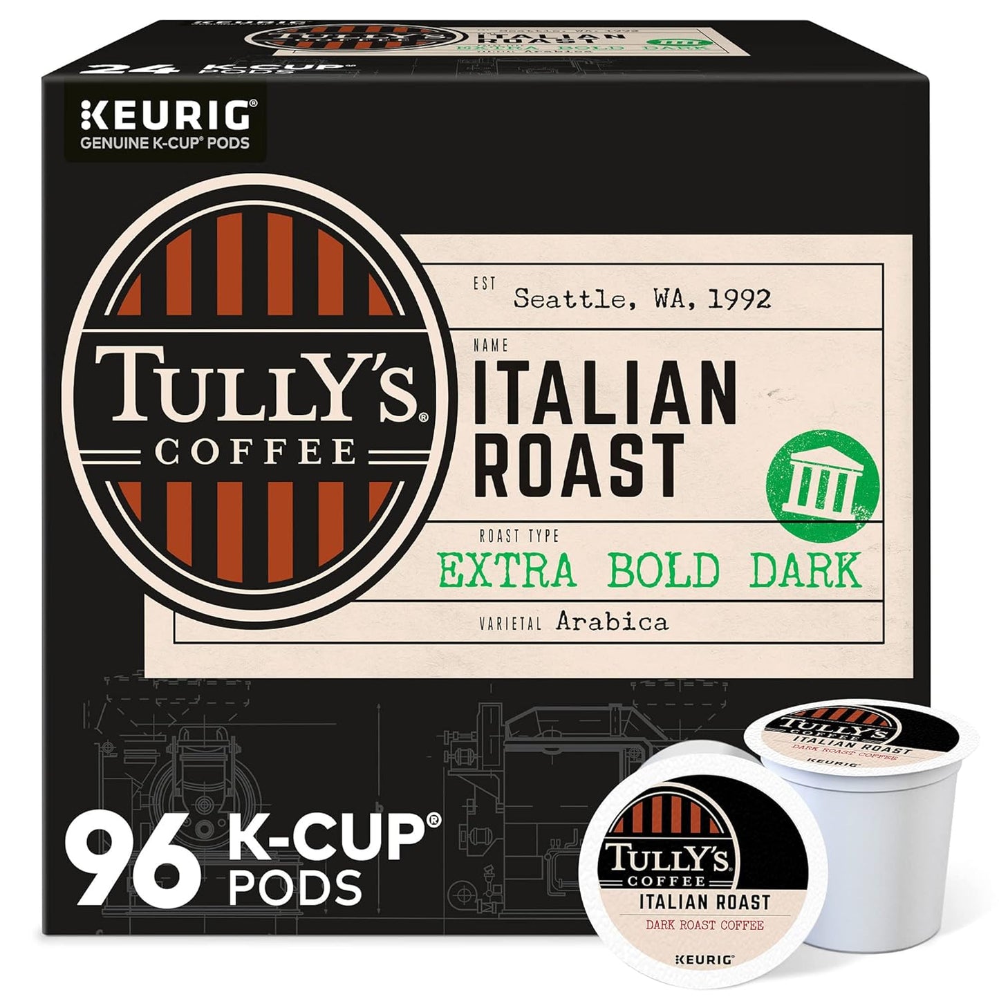 Tully's Coffee Italian Roast K-Cup Pods for Dark Roast Lovers
