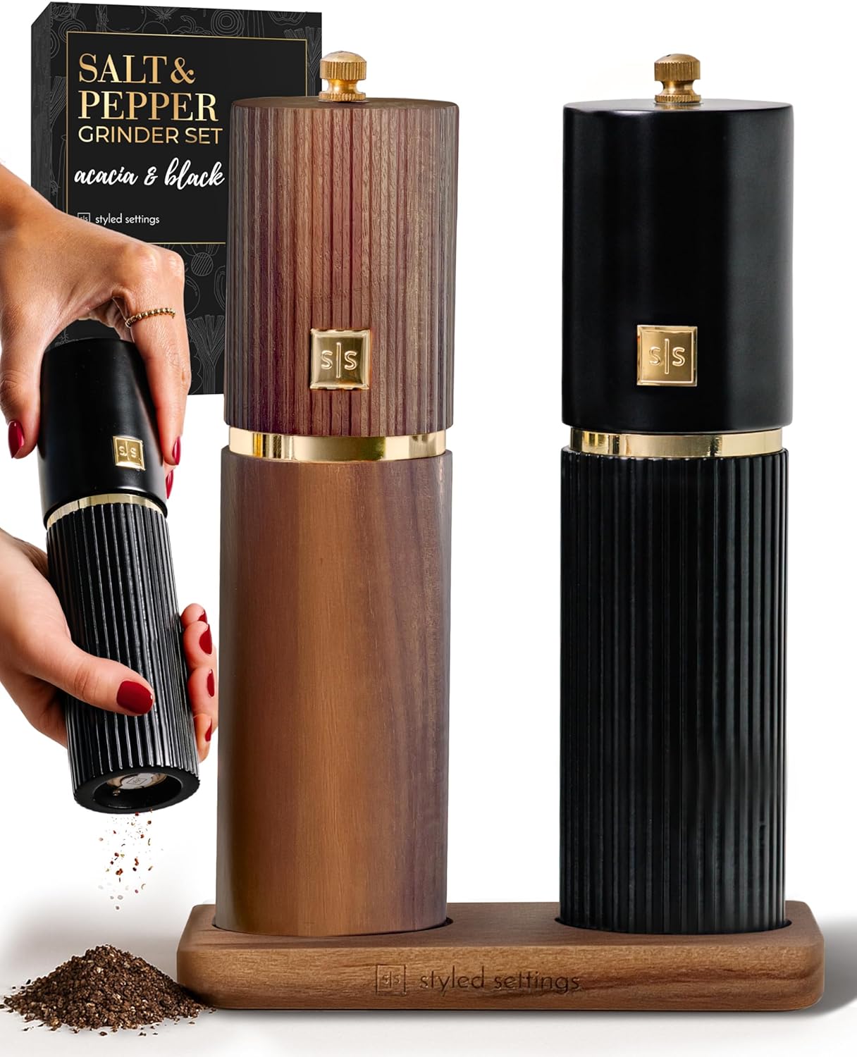 Wooden Salt and Pepper Grinder Set with Gold Accents for Style
