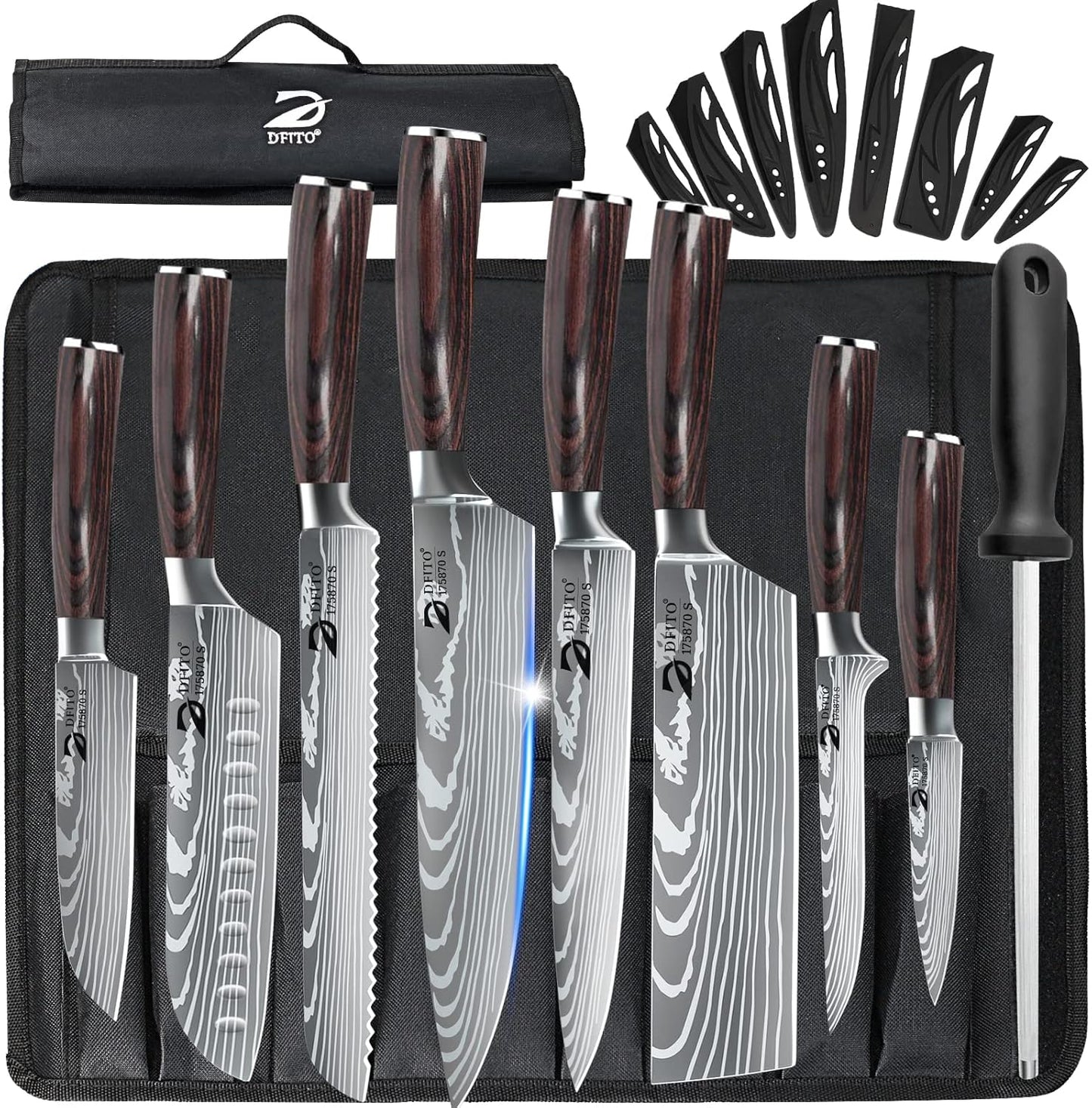 Dfito Chef Knife Set with Roll Bag: 9-Piece Professional Kitchen Set