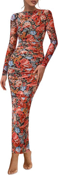 PRETTYGARDEN Women's Long Sleeve Maxi Dress - Ruched Floral Mesh 2025