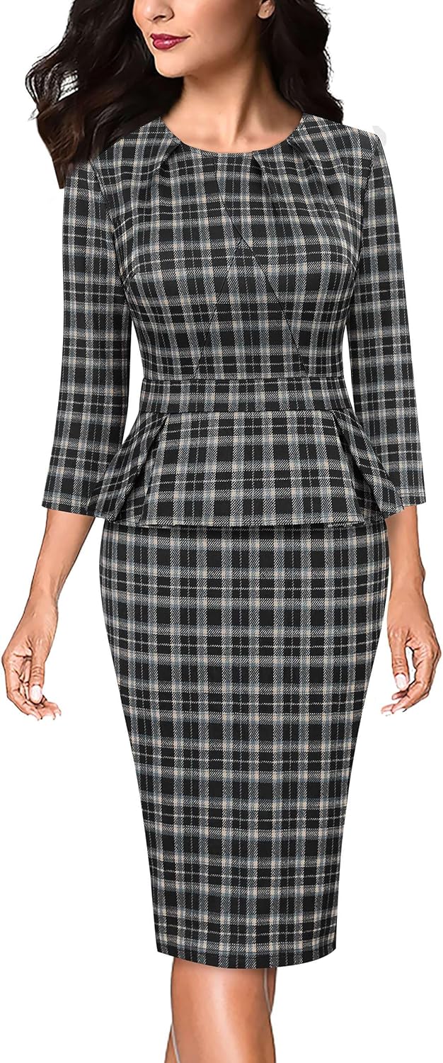 VFSHOW Womens Pleated Peplum Dress for Office and Business Wear
