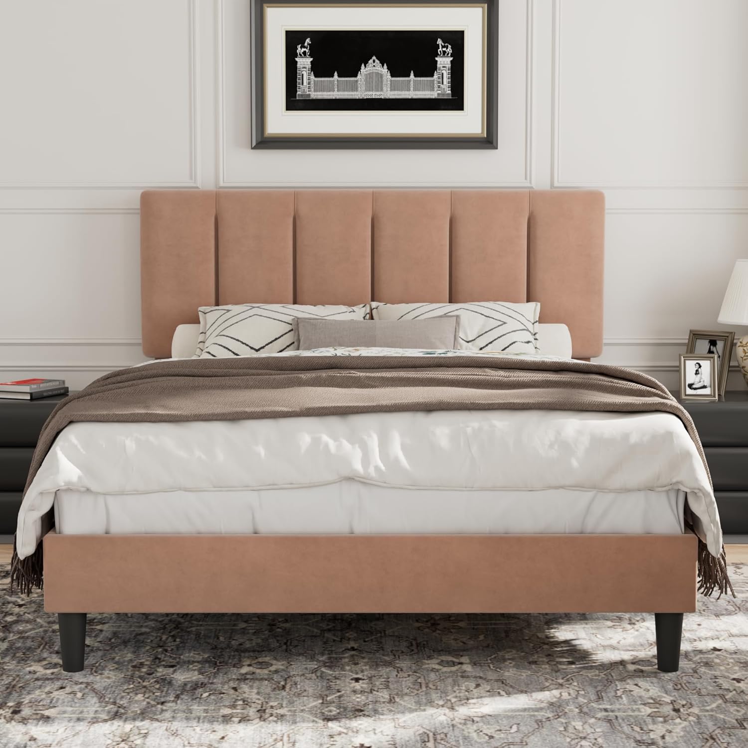 VECELO Full Bed Frame with Upholstered Headboard for Comfort