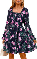 Floral Boho Long Sleeve Mini Dress - Smocked A-Line for Fall
