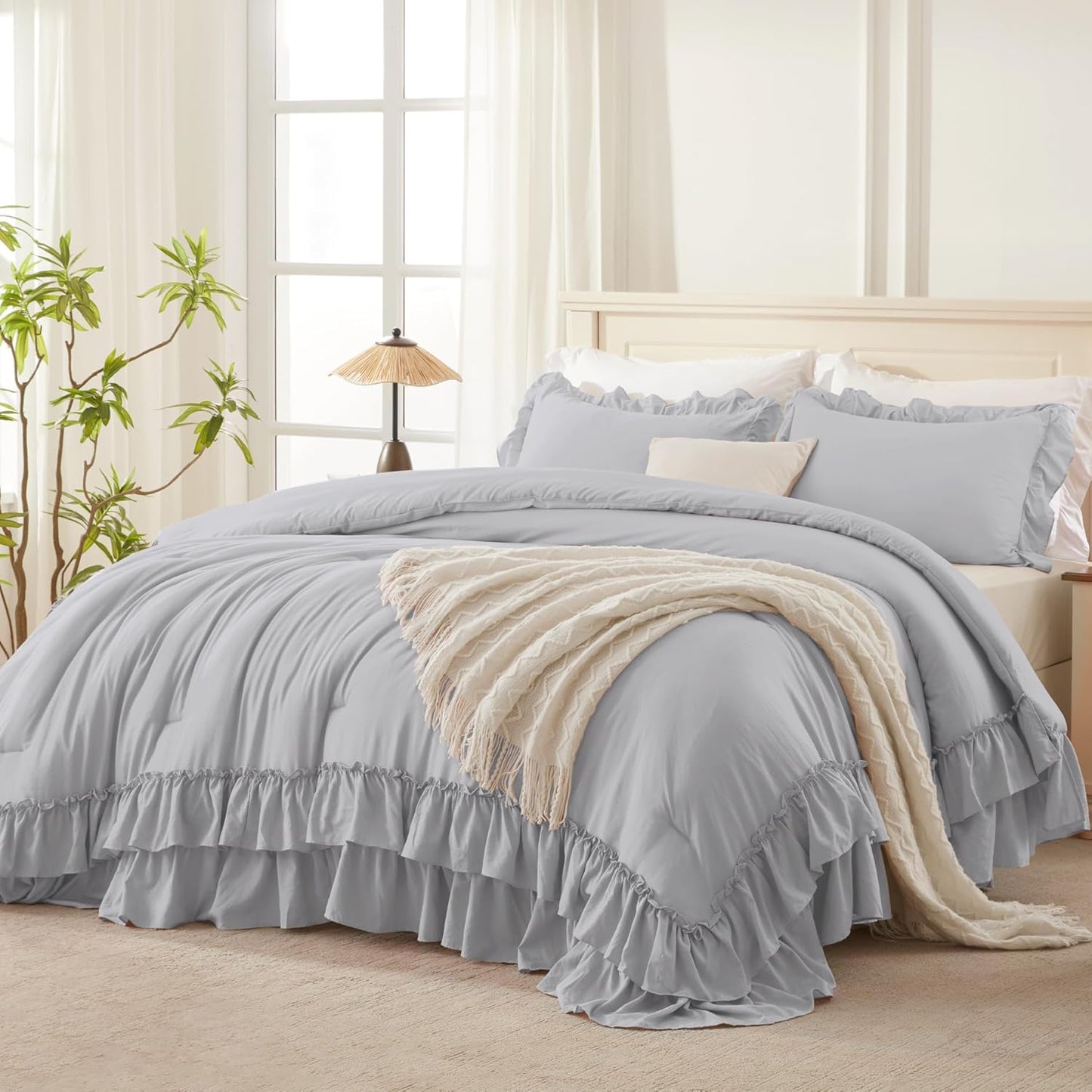 Light Gray Twin Size Comforter Set for Kids - Elegant Ruffle Design