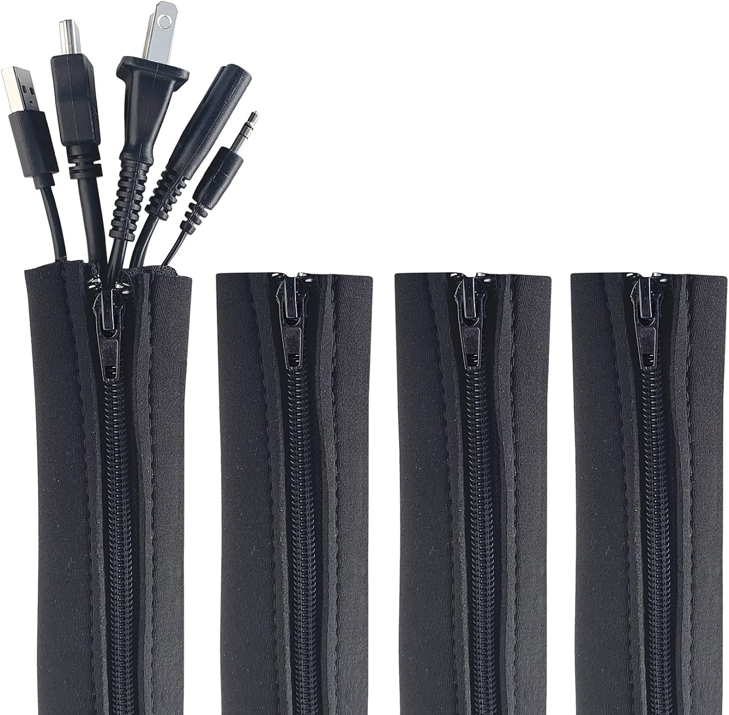 Hide & Organize with Zipper Cable Sleeves - 4-Pack, Desk & TV Cord Management