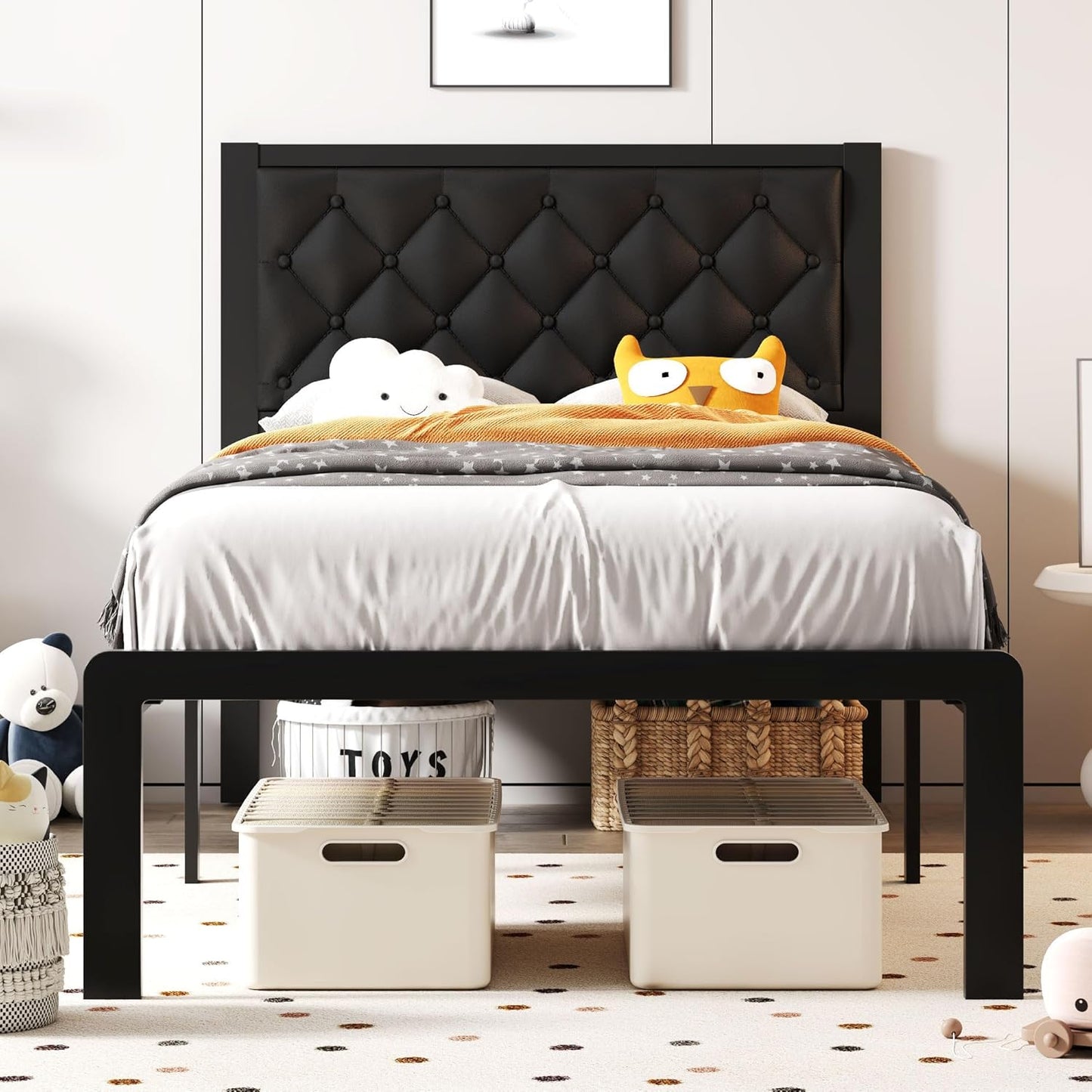 Twin Bed Frame with PU Leather Headboard and Storage Space