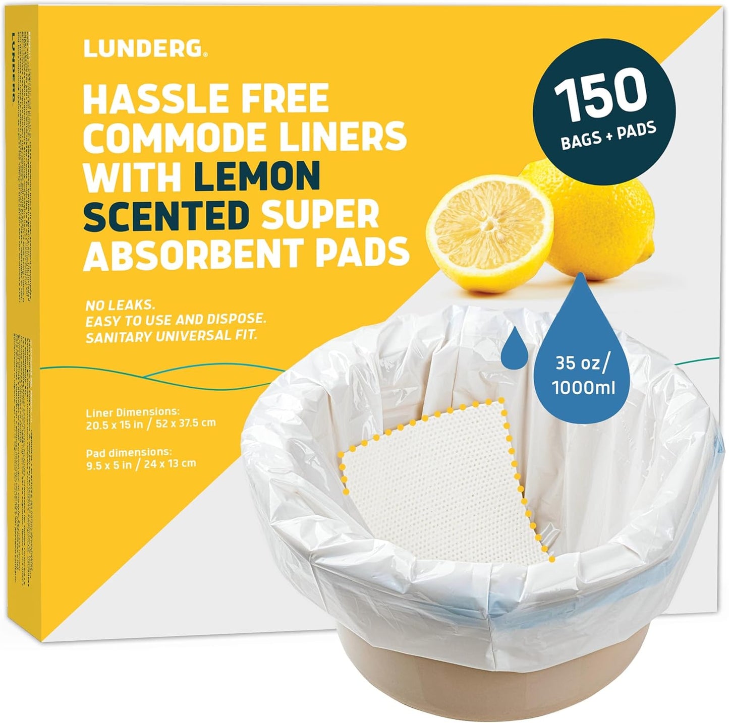 Lunderg Commode Liners with Absorbent Pads - Lemon Scented