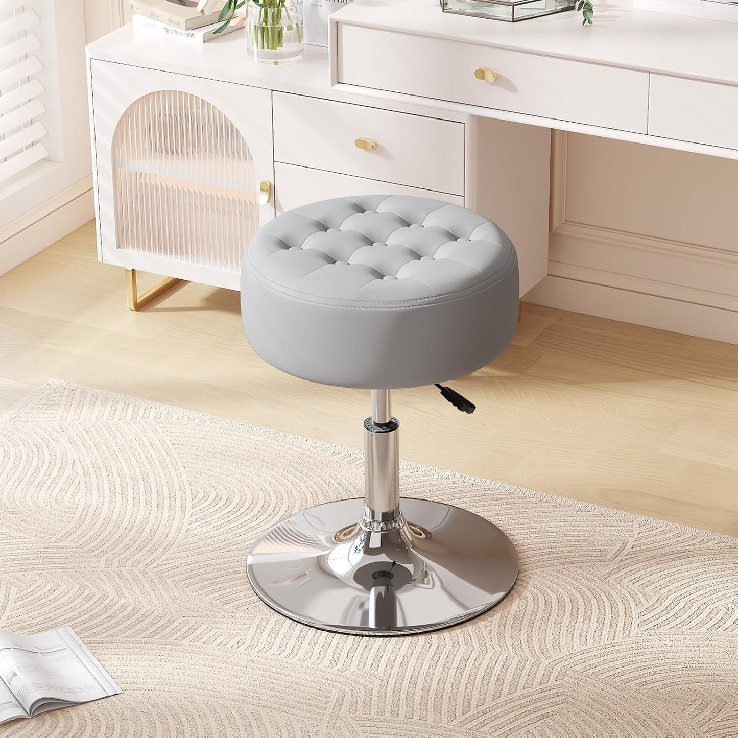 Mid-Century Velvet Tufted Adjustable Swivel Makeup Ottoman Stool