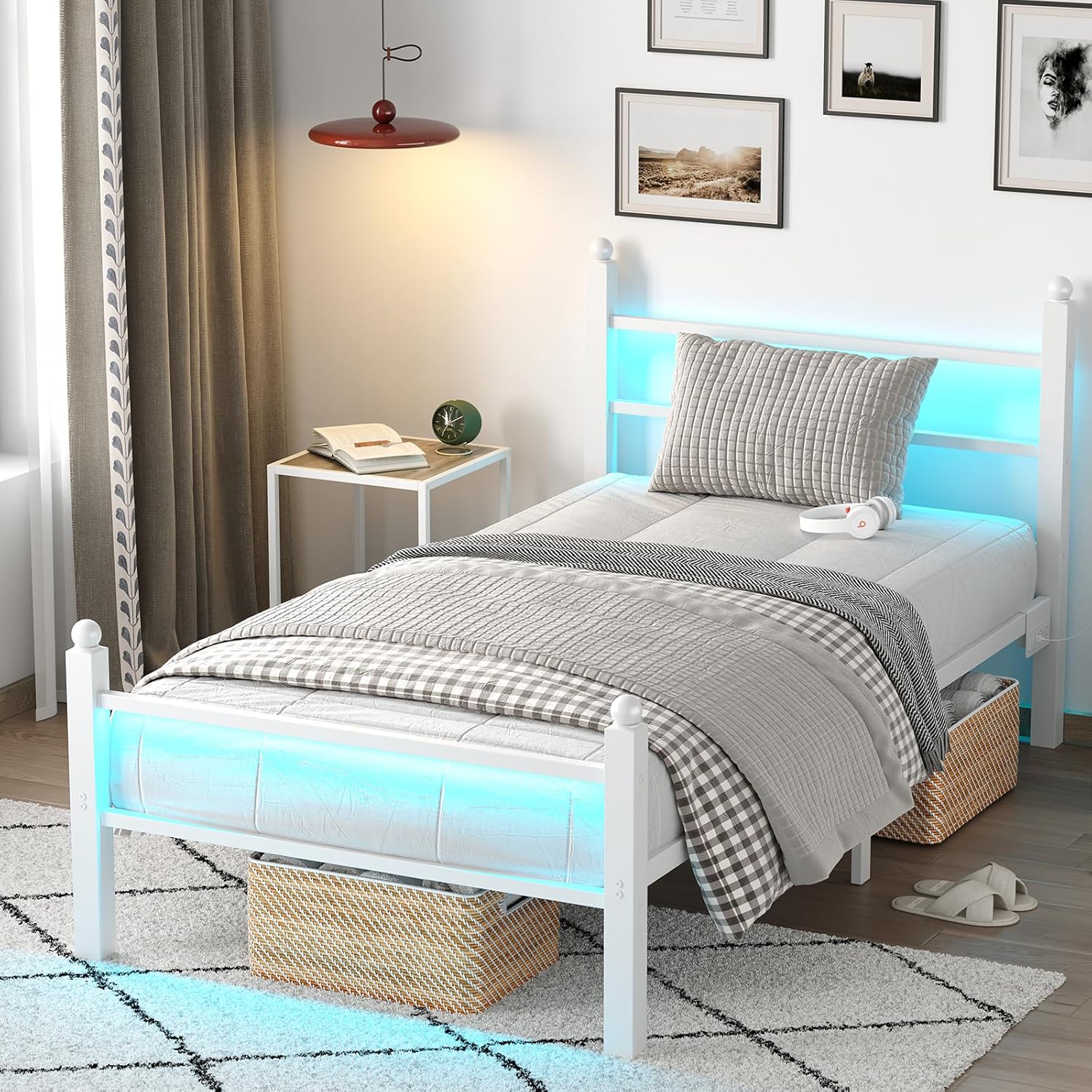 Twin Bed Frame with Headboard, LED Lights, and Charging Station