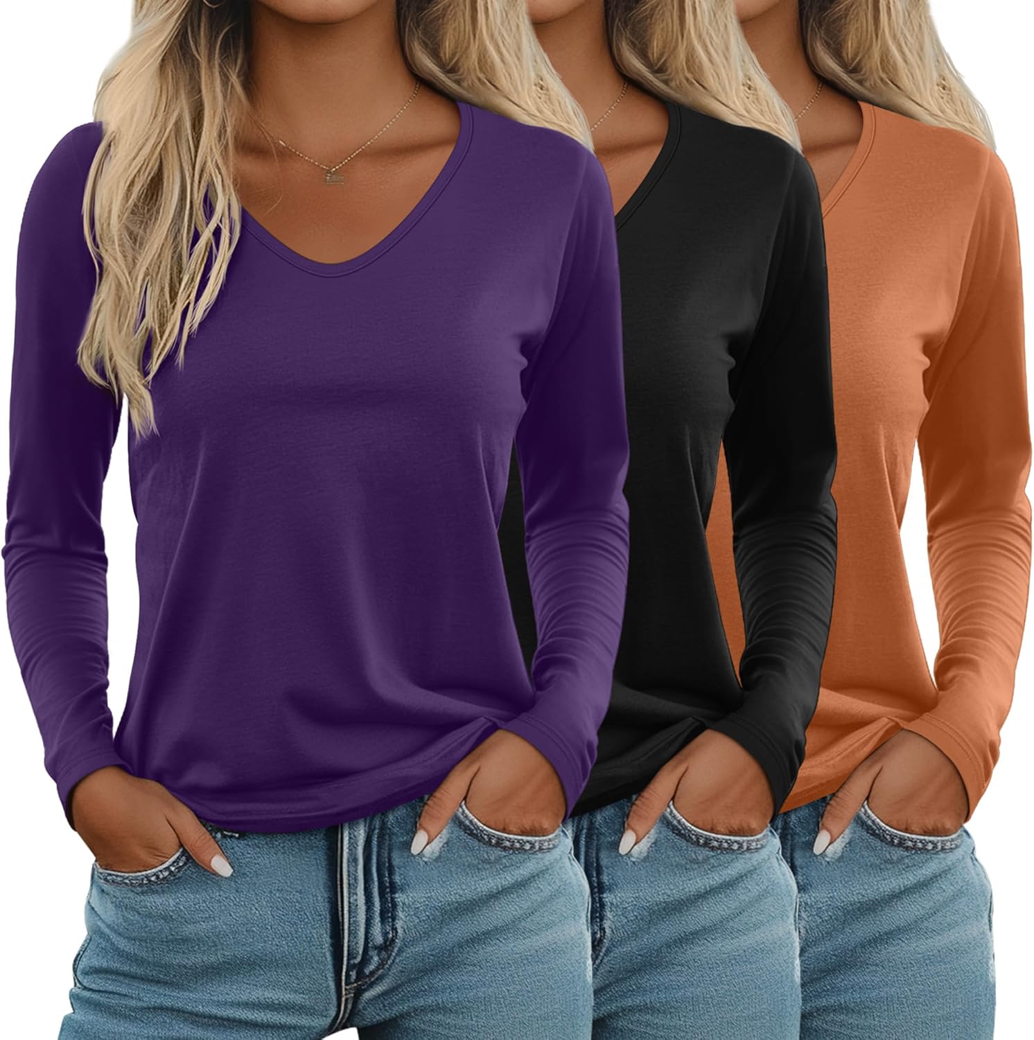 Ficerd Women's Long Sleeve V Neck T Shirts - Casual Trendy Tops