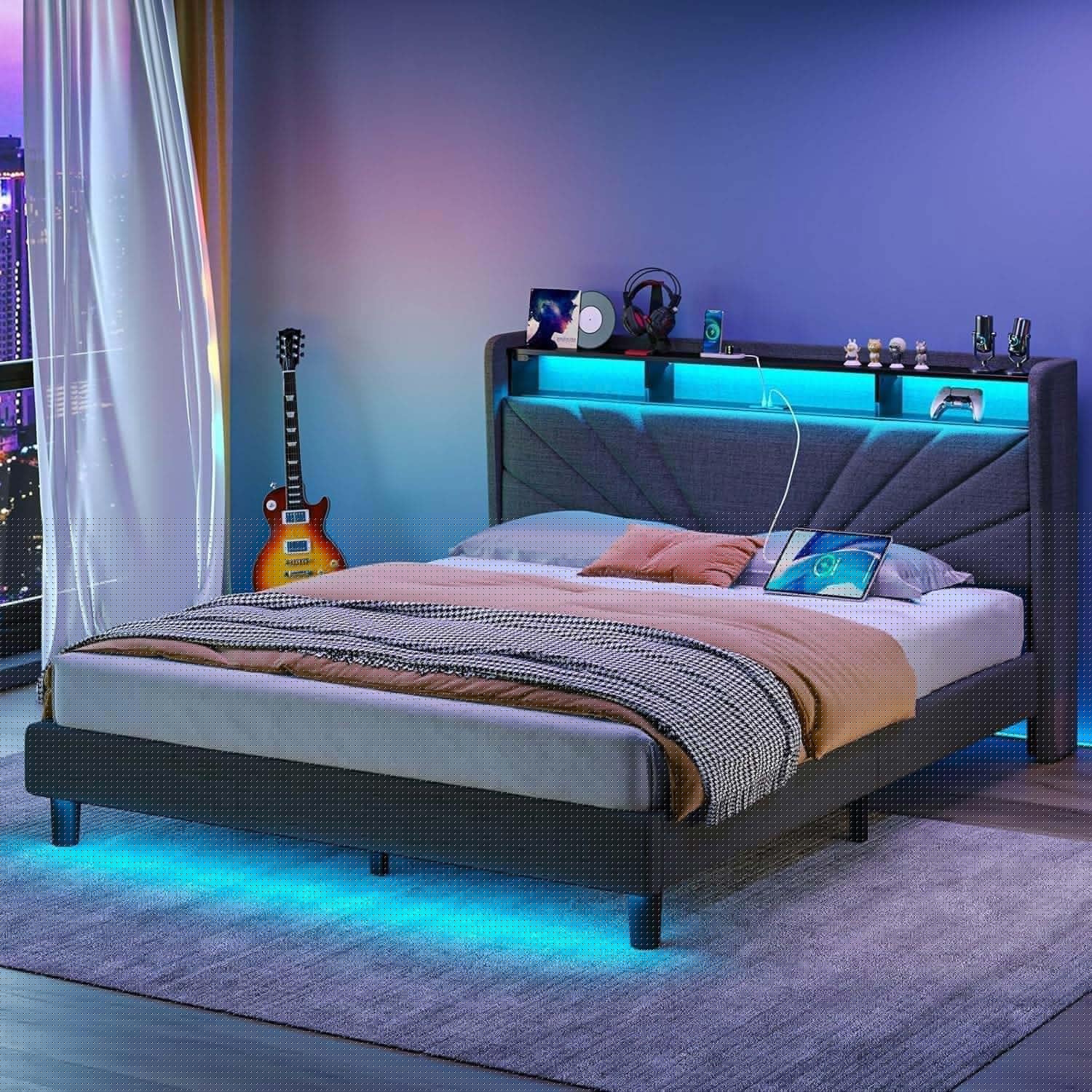 Rolanstar Queen Size Bed Frame with LED Lights and Storage