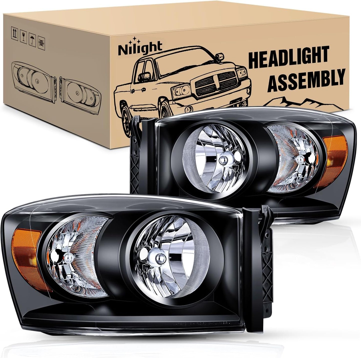 Nilight Headlight Assembly for 2007-2009 Dodge Ram 1500 2500 3500