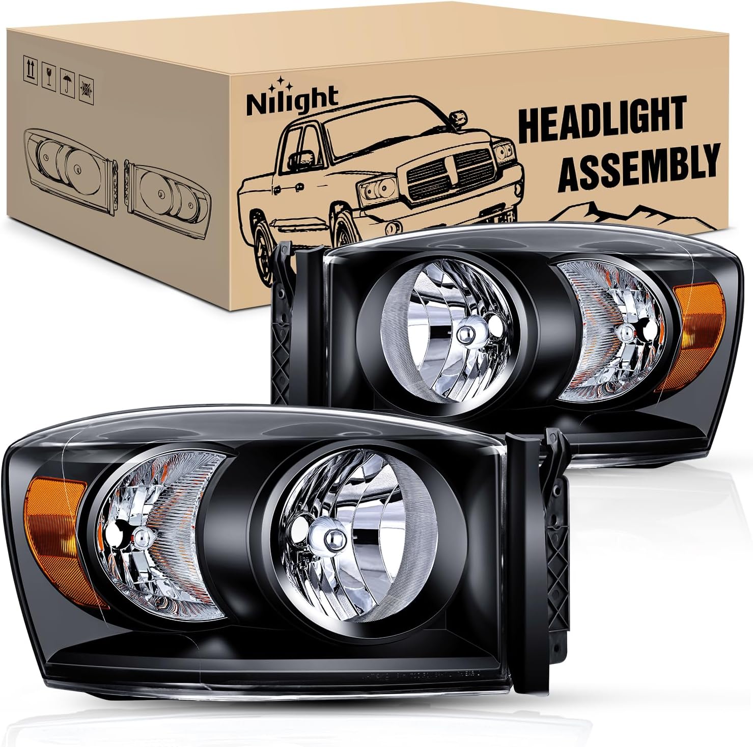 Nilight Headlight Assembly for 2007-2009 Dodge Ram 1500 2500 3500