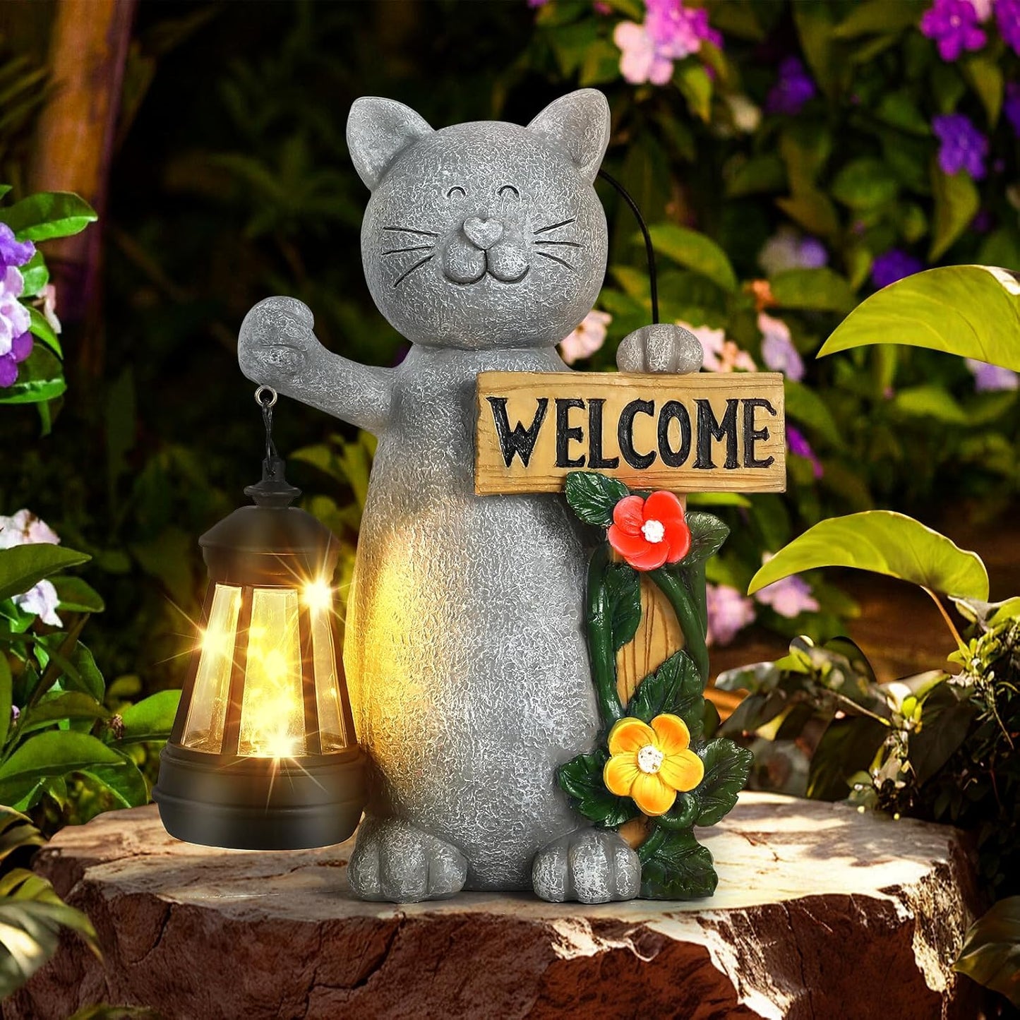 Solar Cat Figurine with Lantern for Unique Garden Decor