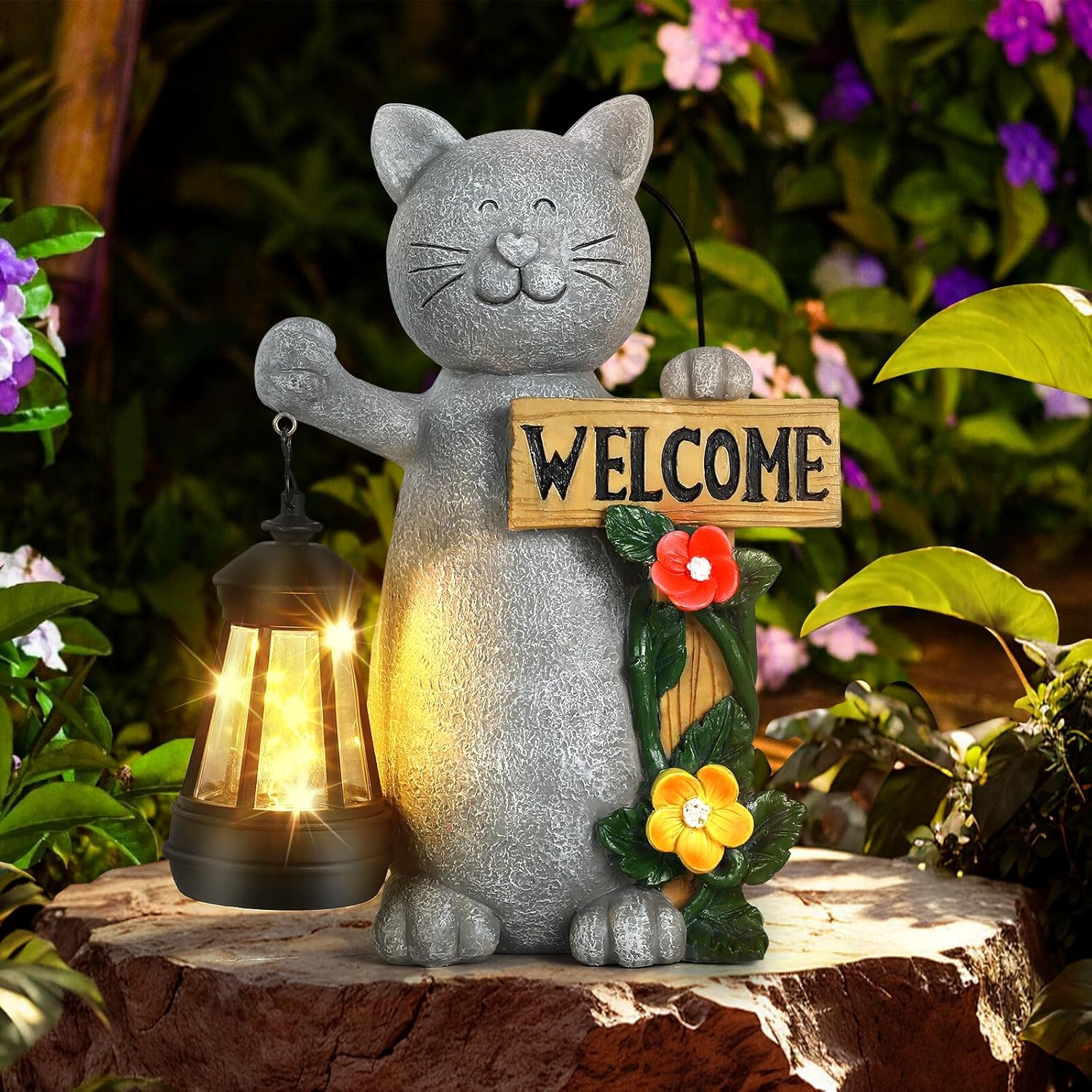 Solar Cat Figurine with Lantern for Unique Garden Decor