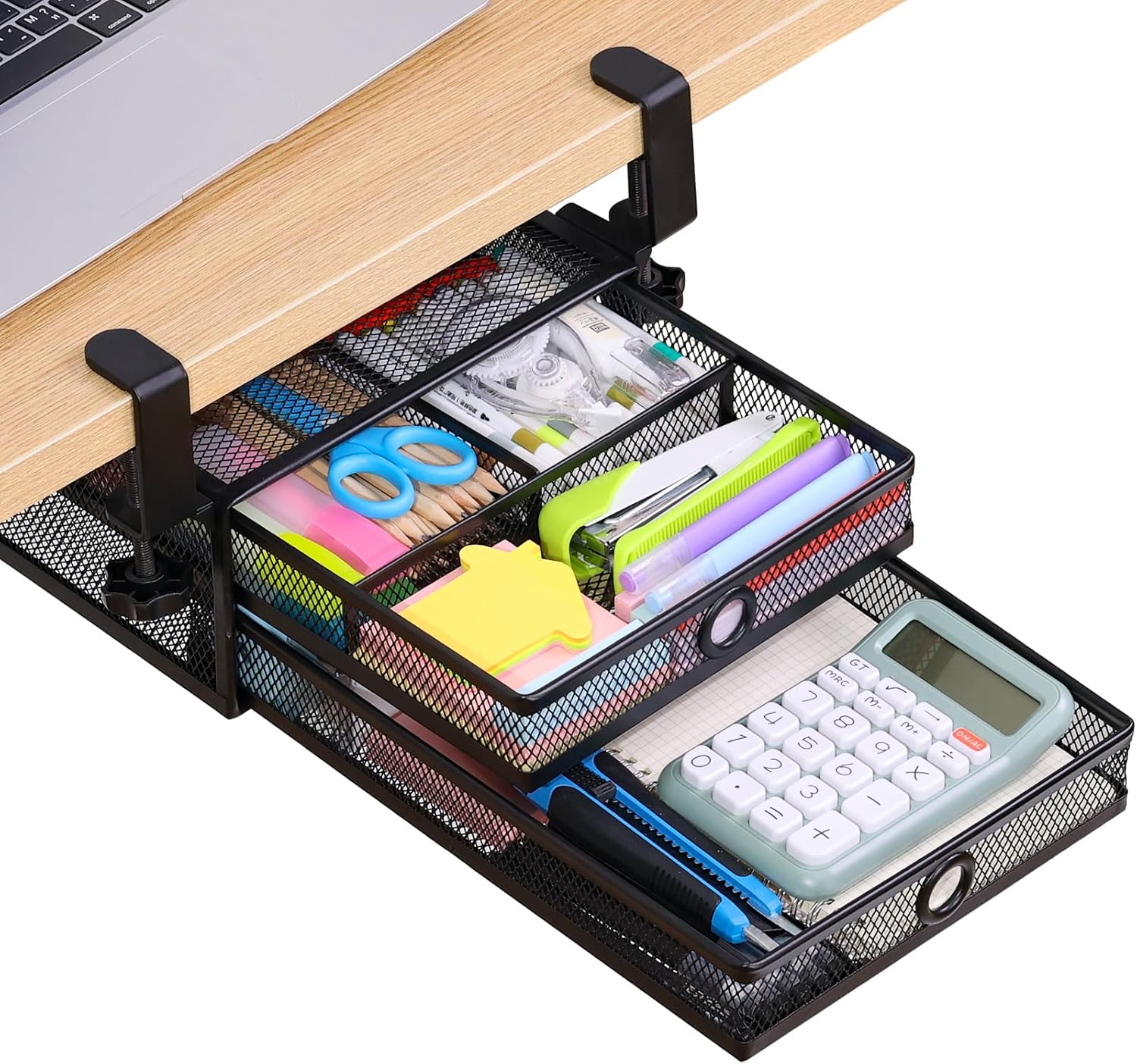 2-Tier Clamp-On Mesh Organizer for Under Desk Storage Needs