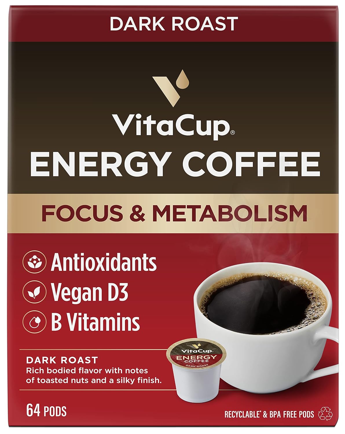 VitaCup Energy Dark Roast Coffee Pods for Focus & Metabolism