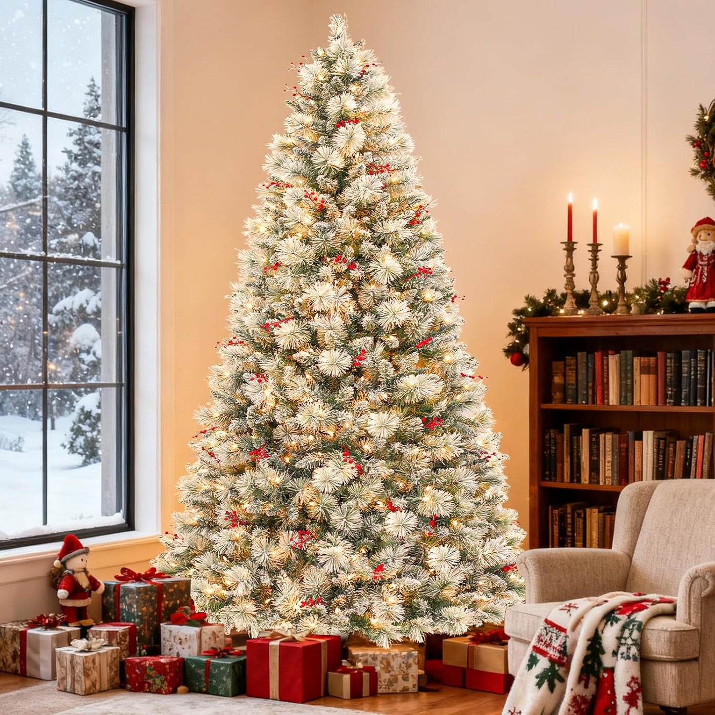 Hykolity 6 ft Snow Flocked Christmas Tree with LED Lights