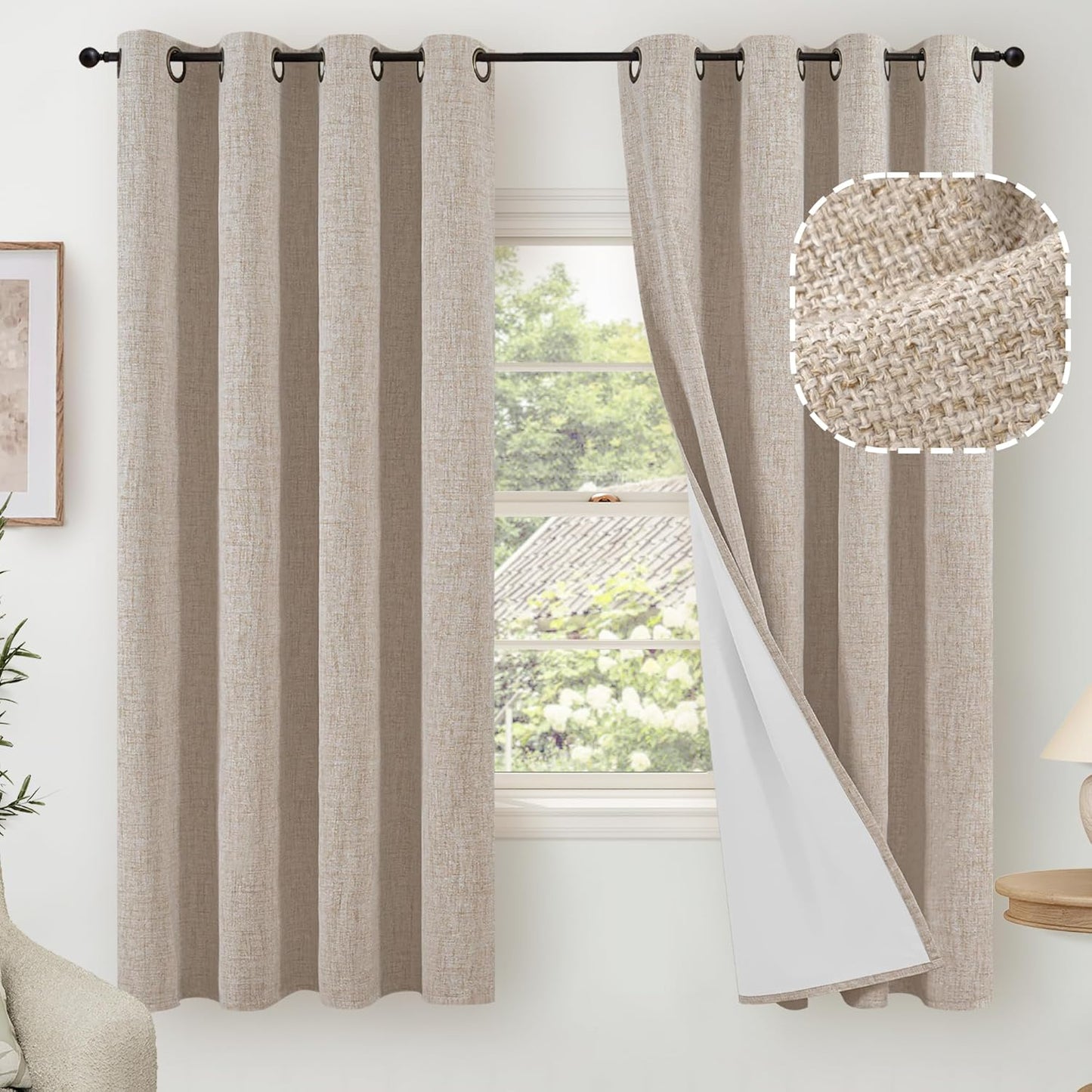 Beige 100% Blackout Curtains for Bedroom 63 Inch Length Panels