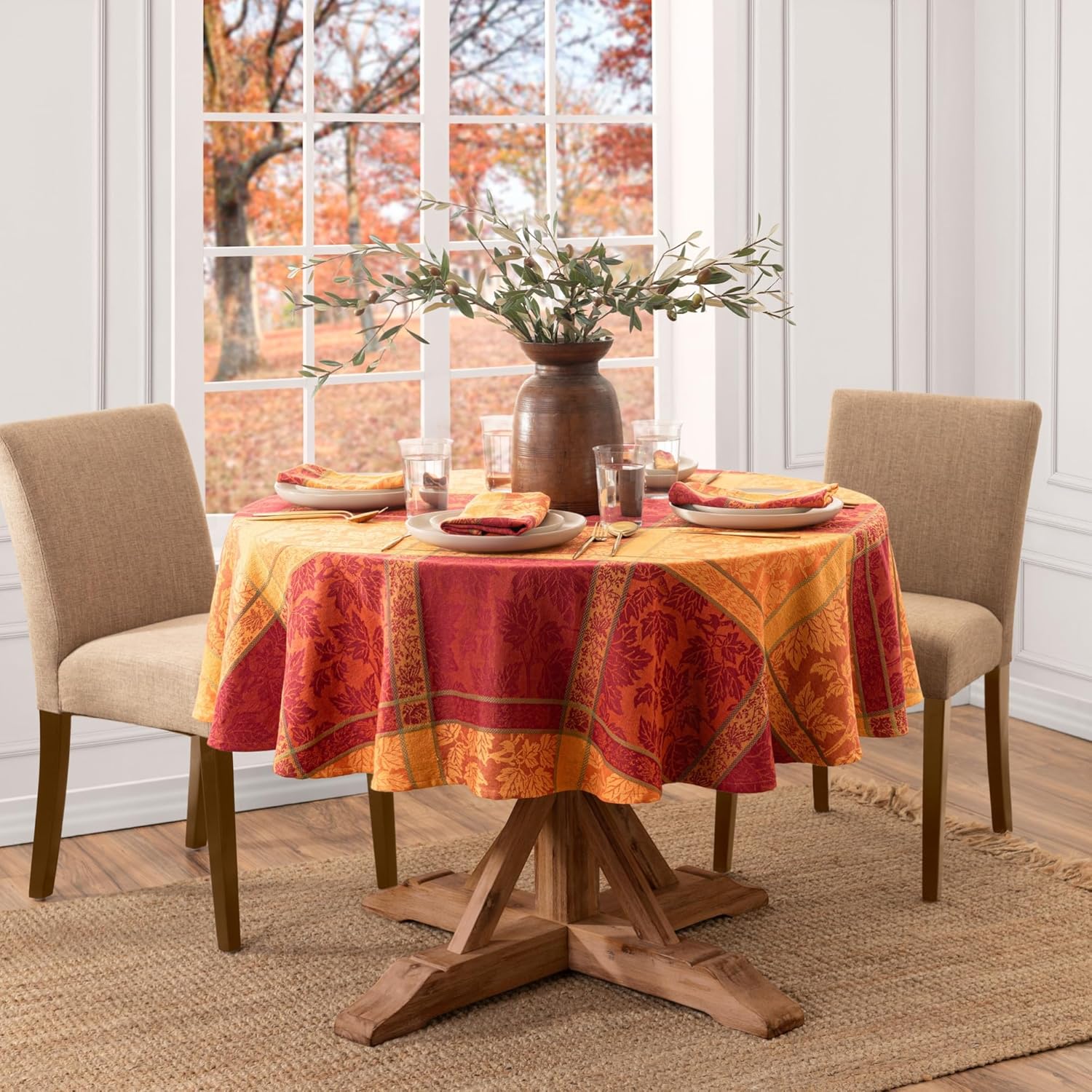 Elrene Home Fashions Maplewood Leaf Jacquard Tablecloth for Fall