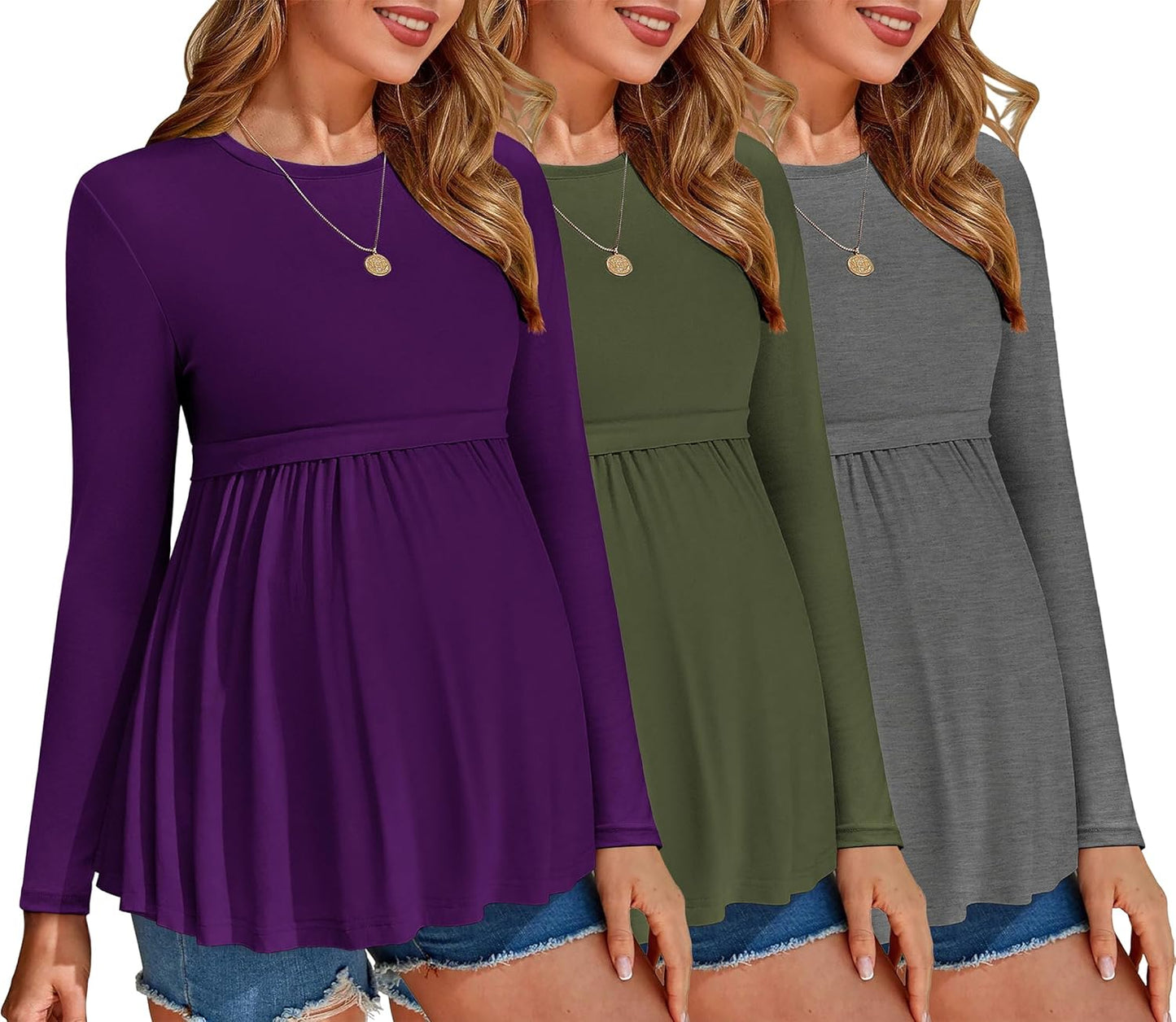 Ekouaer Maternity Shirts 3 Packs Pleated Long Sleeve Tops