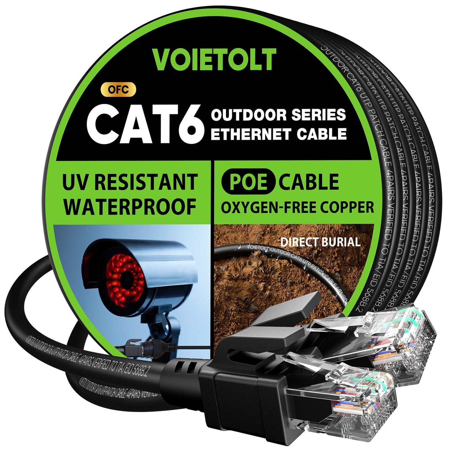 VOIETOLT Cat 6 Outdoor Ethernet Cable 300ft - Fast 10Gbps Speeds & Waterproof Design