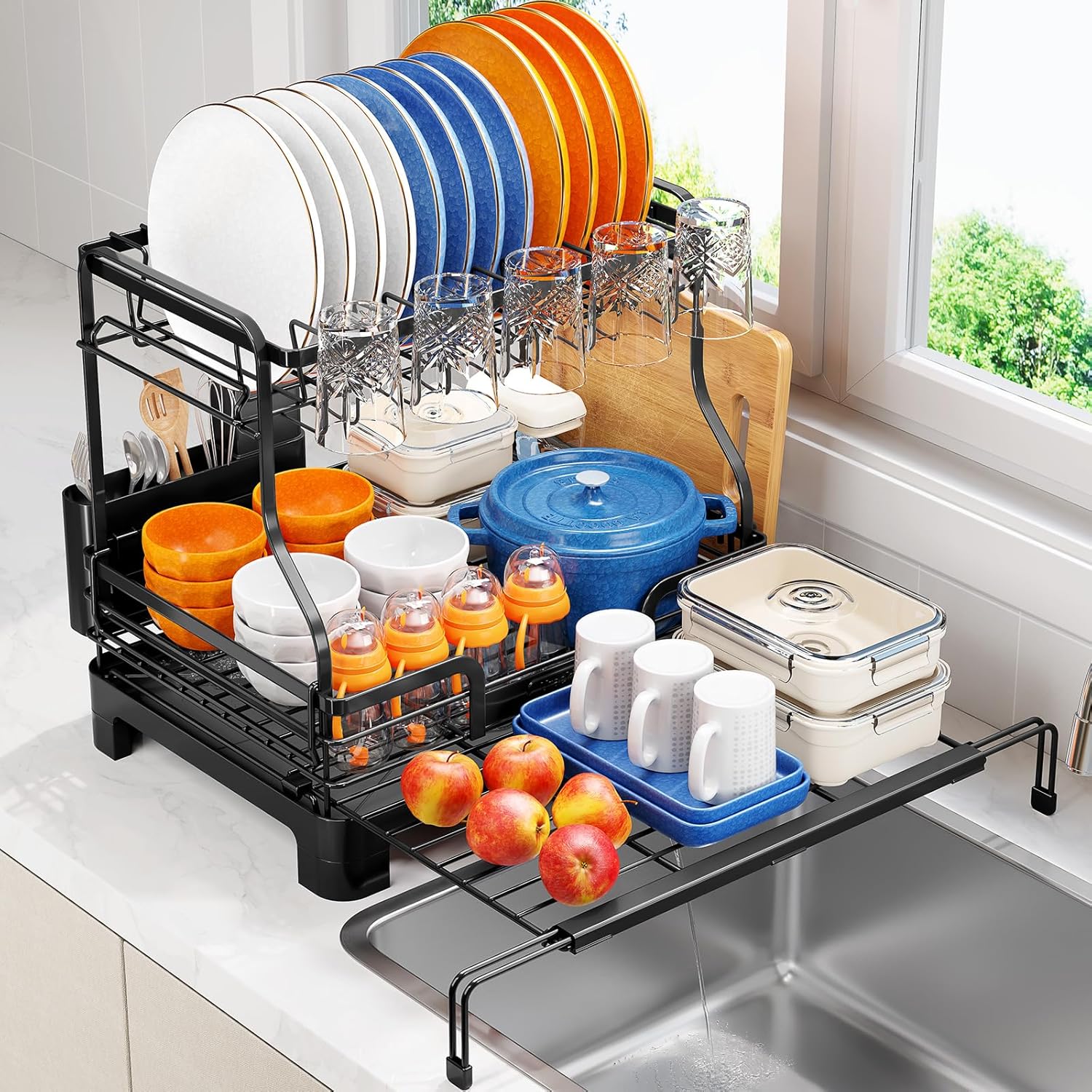 TOOLF Extendable Dish Drying Rack: 2-Tier Kitchen Organizer