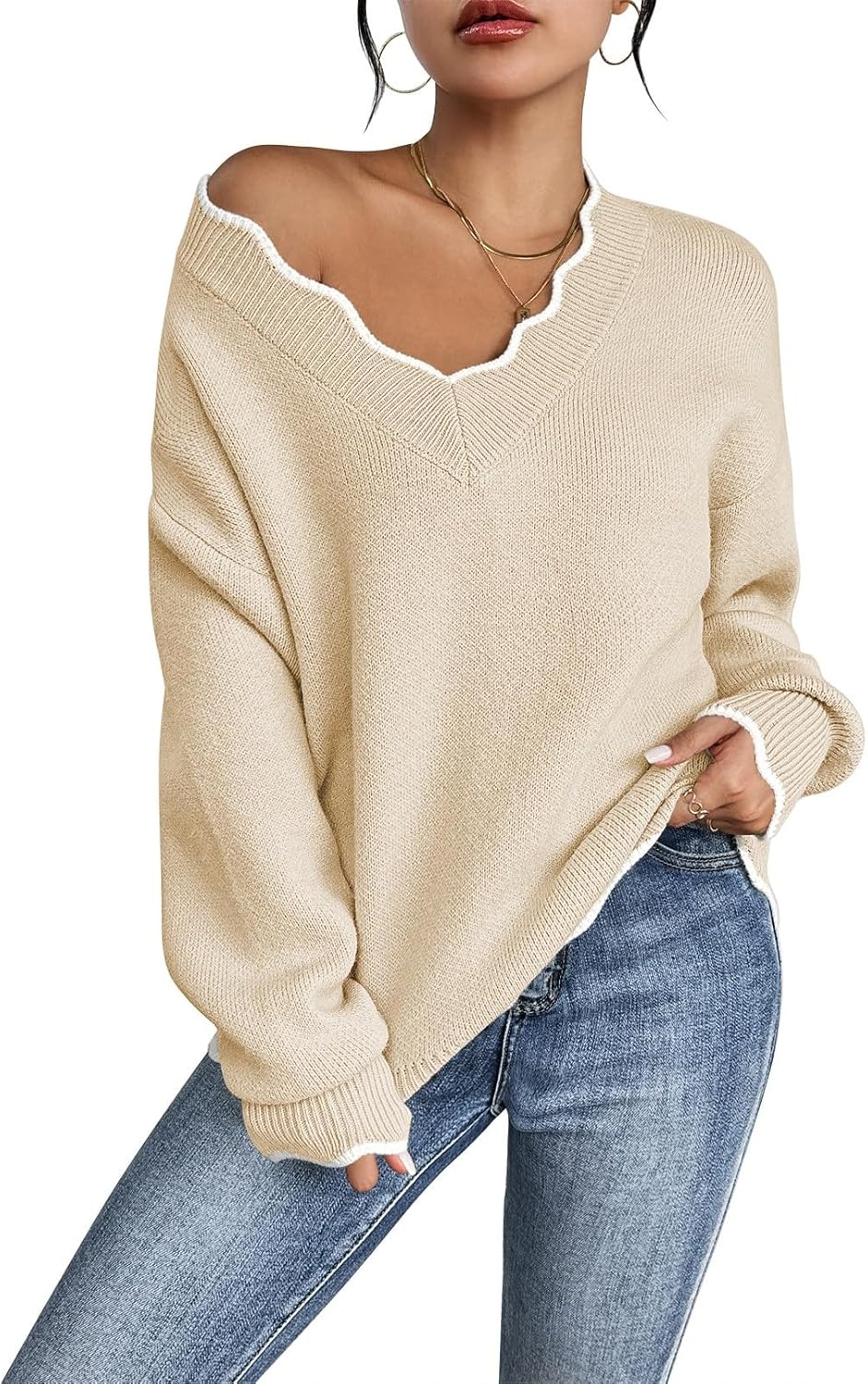 Pink Queen Women's Oversized V Neck Fuzzy Sweater for Style