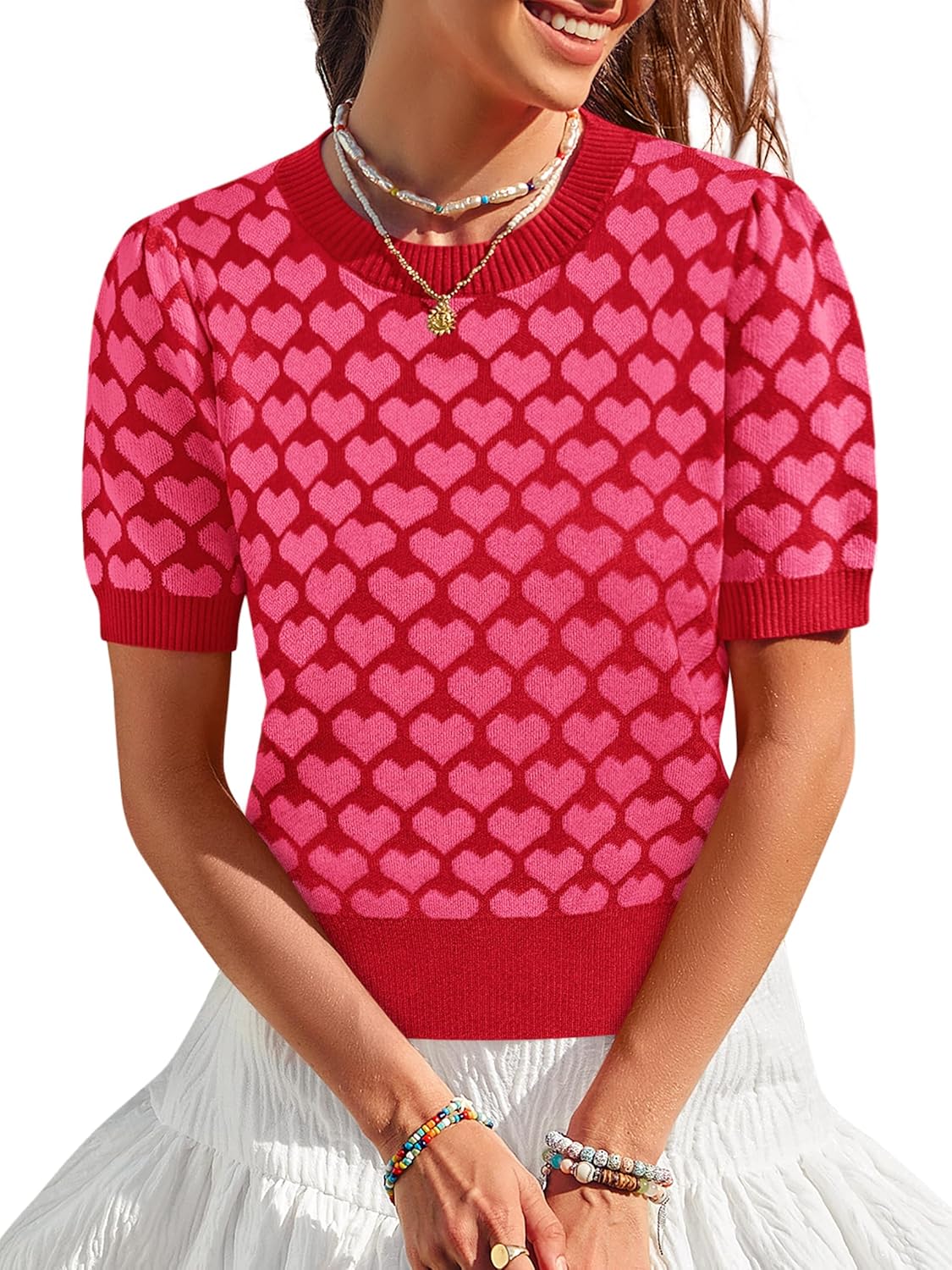 Cute Heart Print Short Sleeve Sweater by Yousify