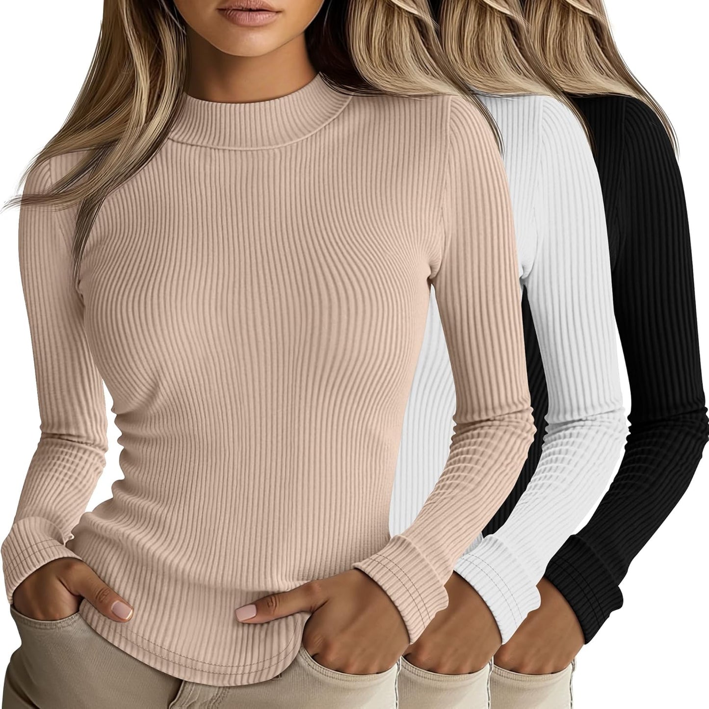 Riyiper 3 Pack Women's Ribbed Mock Turtleneck Long Sleeve Tops