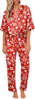 Satin Pajama Set Womens Silk Short Sleeve V Neck Shirt with Long