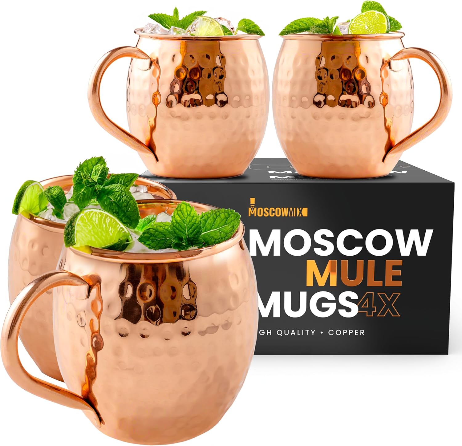 Moscow Mule Mugs Set of 4 - 100% Pure Copper 16 oz Cups