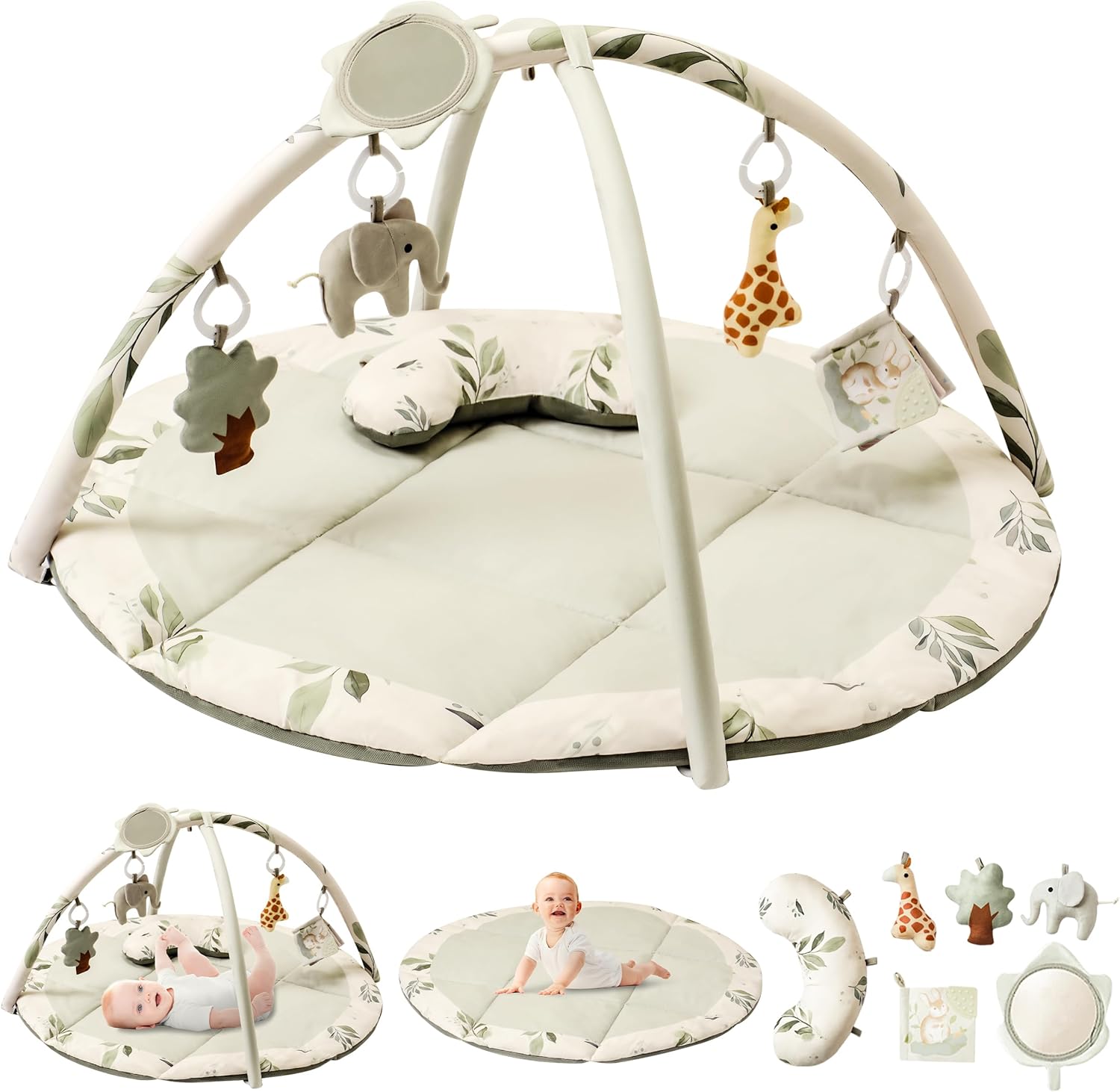 Fortella Sage Green Baby Play Gym: 5 Toys, Soft Pillow, Large Sensory Playmat