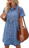 Denim Babydoll Dress for Women - Short Sleeve Button Down