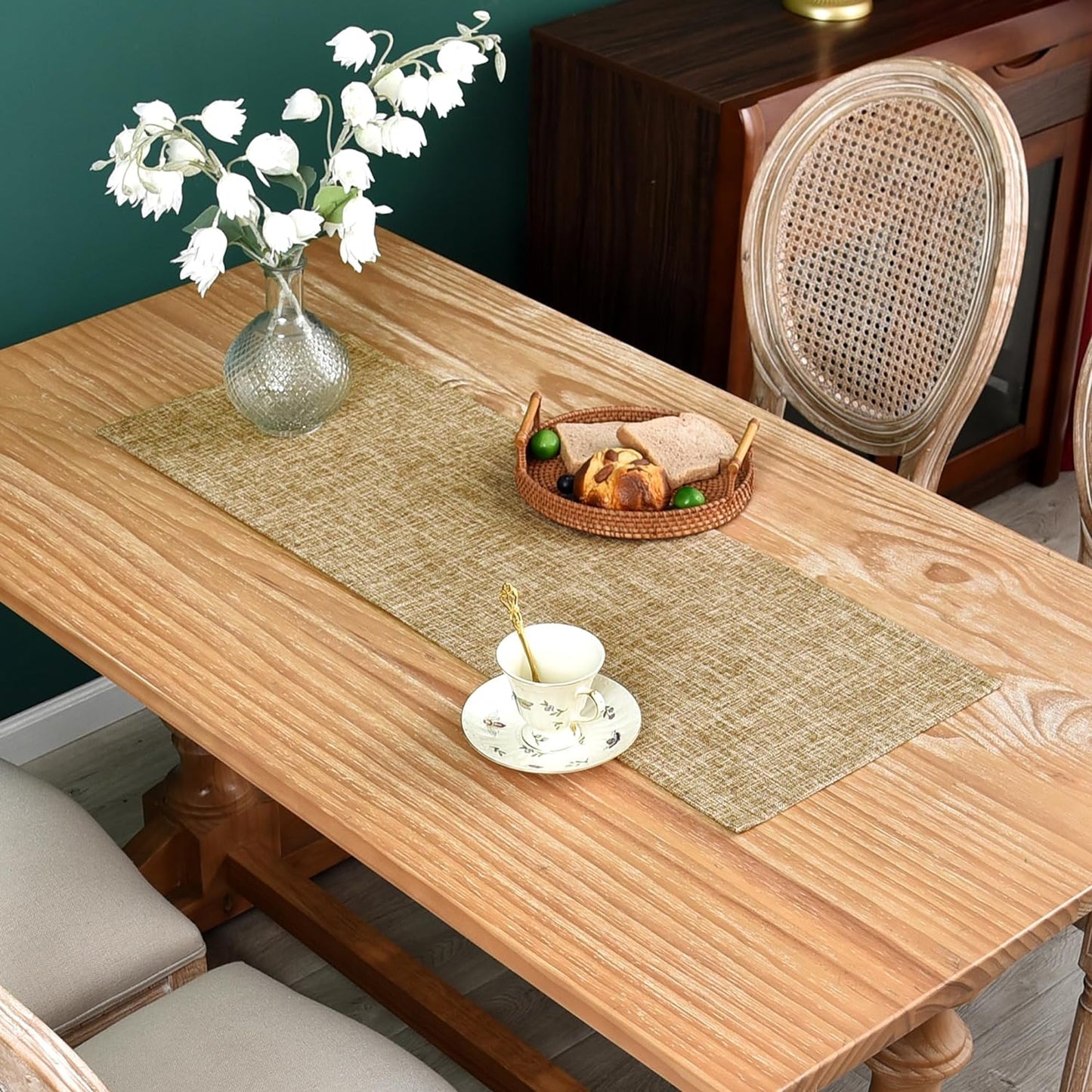 NEWISHER Farmhouse Rustic Linen Table Runner - Double Layer Reversible, Daily Use - 13x36 Inch