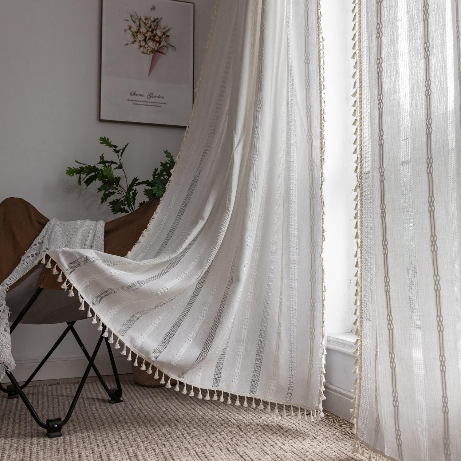 Boho Curtains for Bedroom with Embroidery and Stripes 63 Inch