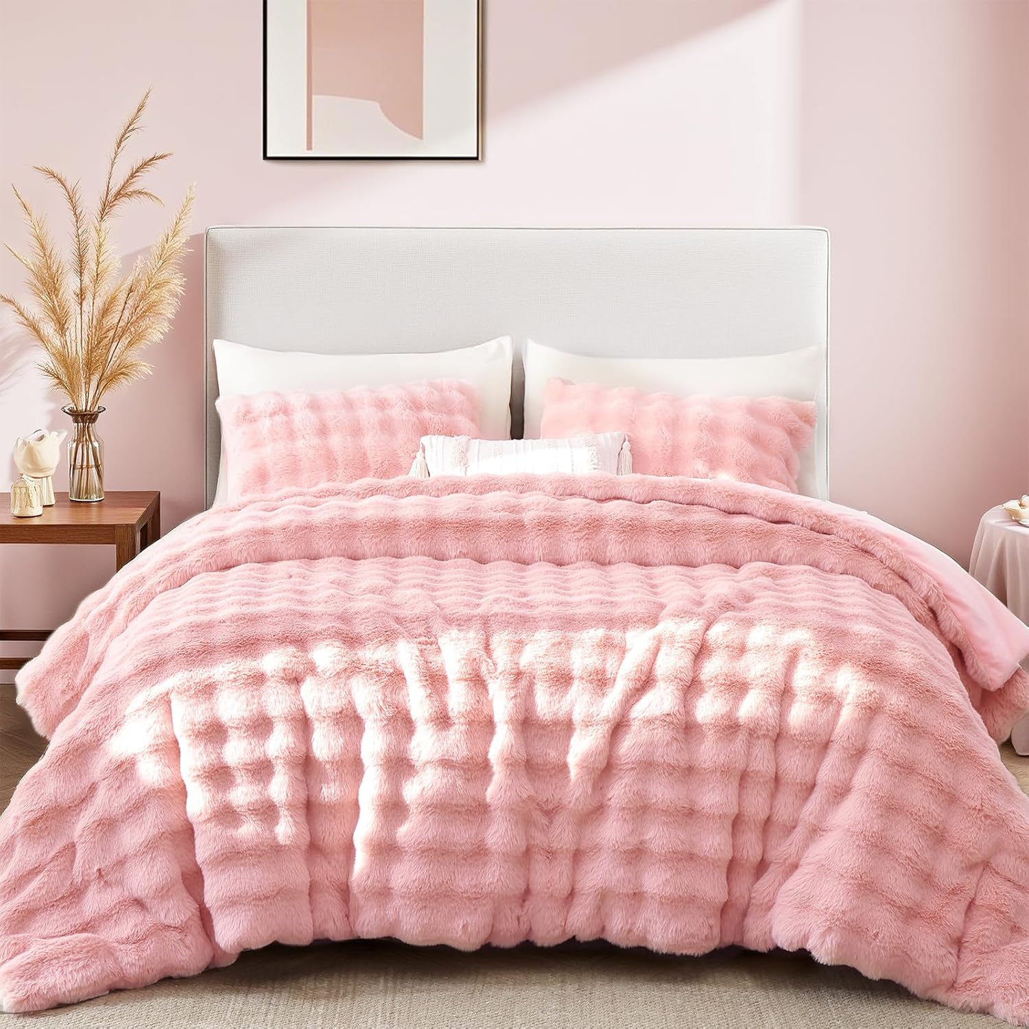 YIKUSH Pink Comforter Set Queen - Luxurious Faux Fur Bedding